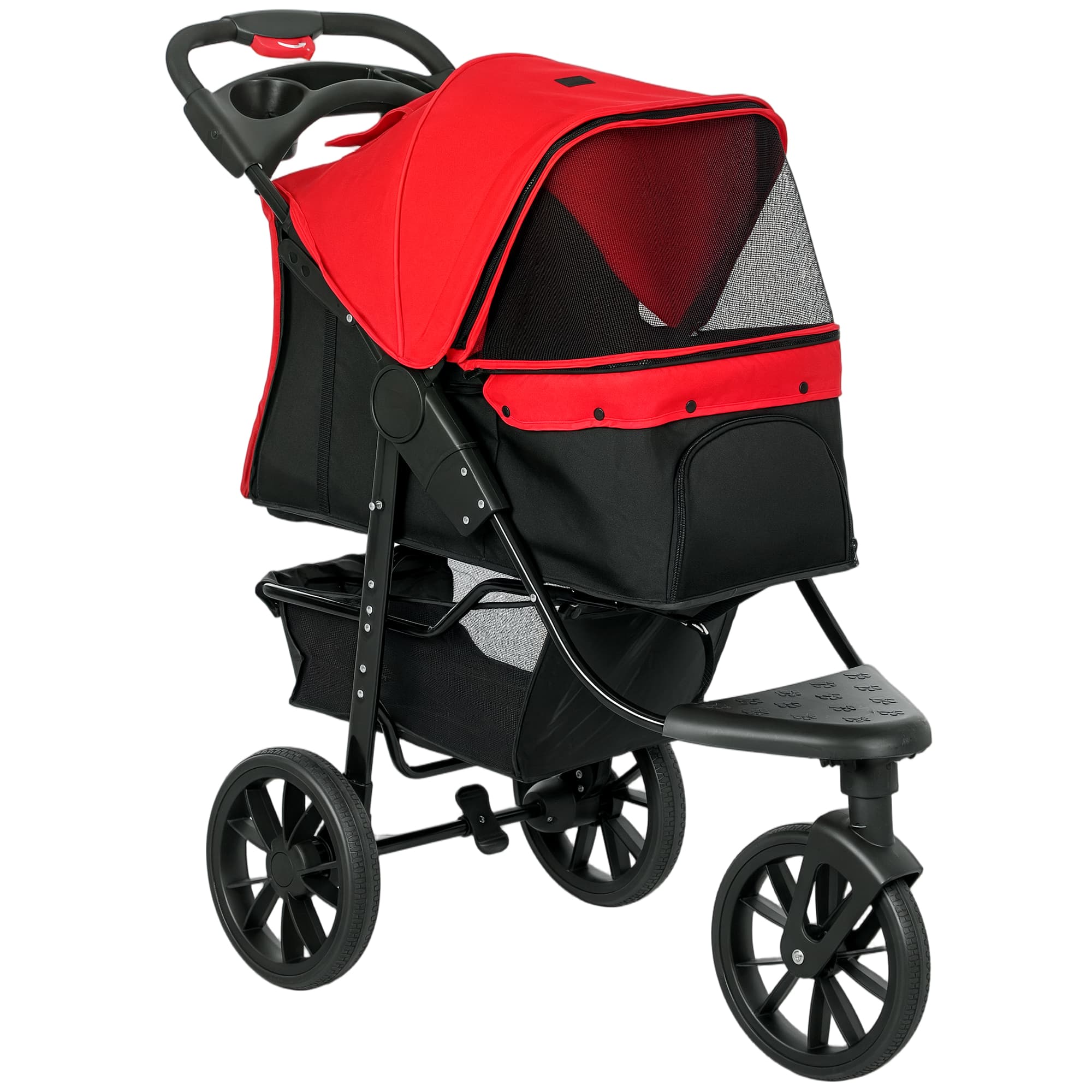 PawHut Oxford Cloth Folding 3-Wheel Pet Stroller Dog Trolley Red/Black | Aosom UK