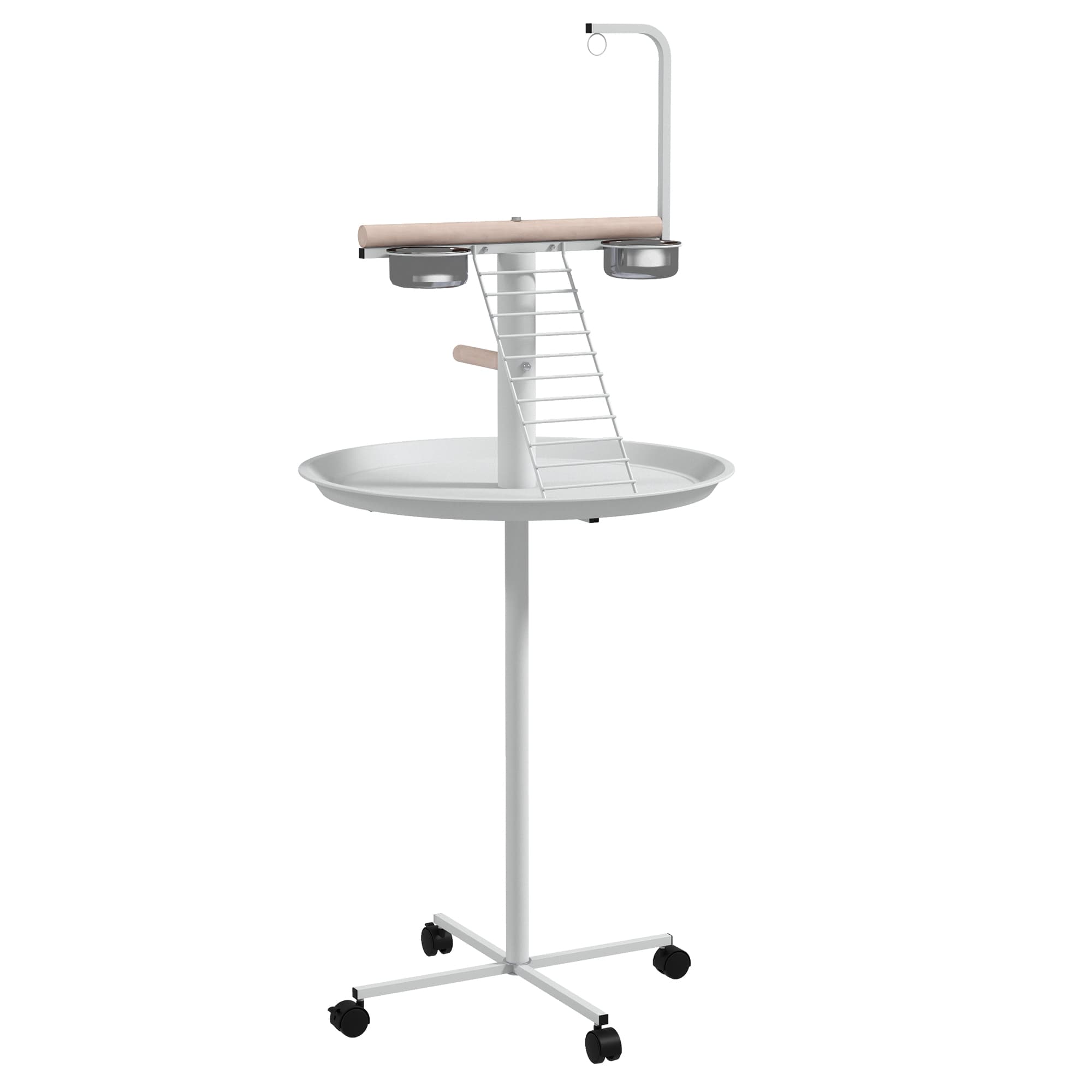 PawHut Bird Stand with Four Wheels, Perches, Stainless Steel Feed Bows, Round Tray, for Garden, Indoor, Outdoor - White | Aosom UK