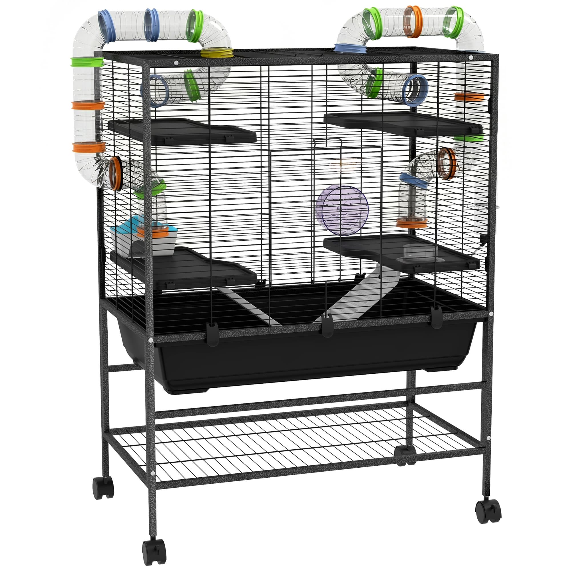 PawHut Large Hamster Cage Gerbil Cage with Tubes, Storage Shelf, Ramps, Platforms, Running Wheel - Black
