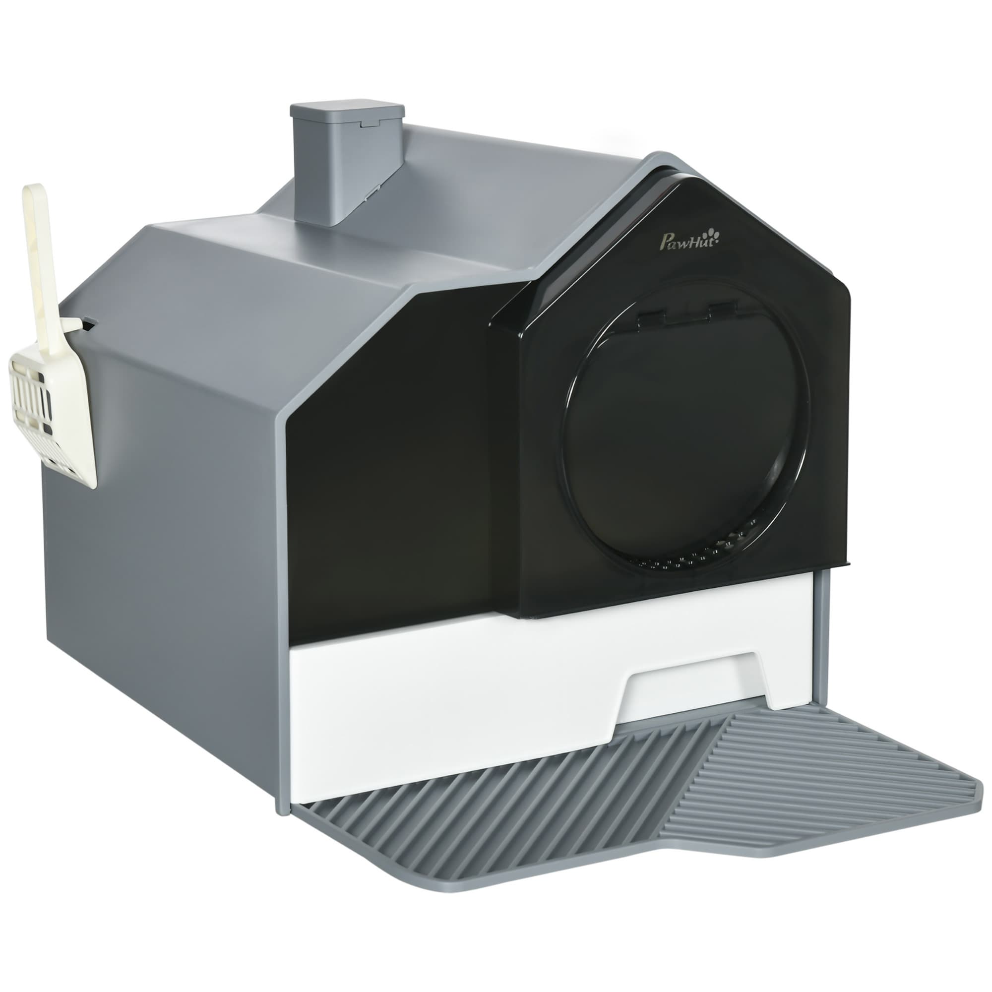 PawHut Cat Litter Box with Scoop, Enclosed Cat Toilet with Pull-Out Drawer, Odour Control & Easy Clean, Slate Grey | Aosom UK