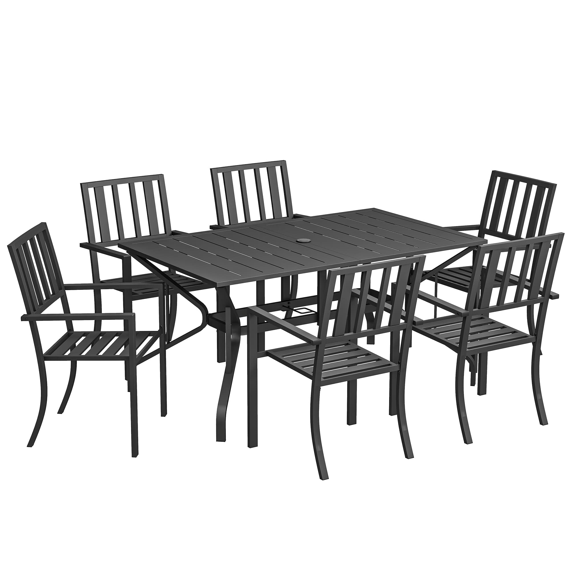 Outsunny 7-Piece Garden Dining Set: 6 Seater Table & Chairs with Parasol Hole for Patio or Poolside, Black