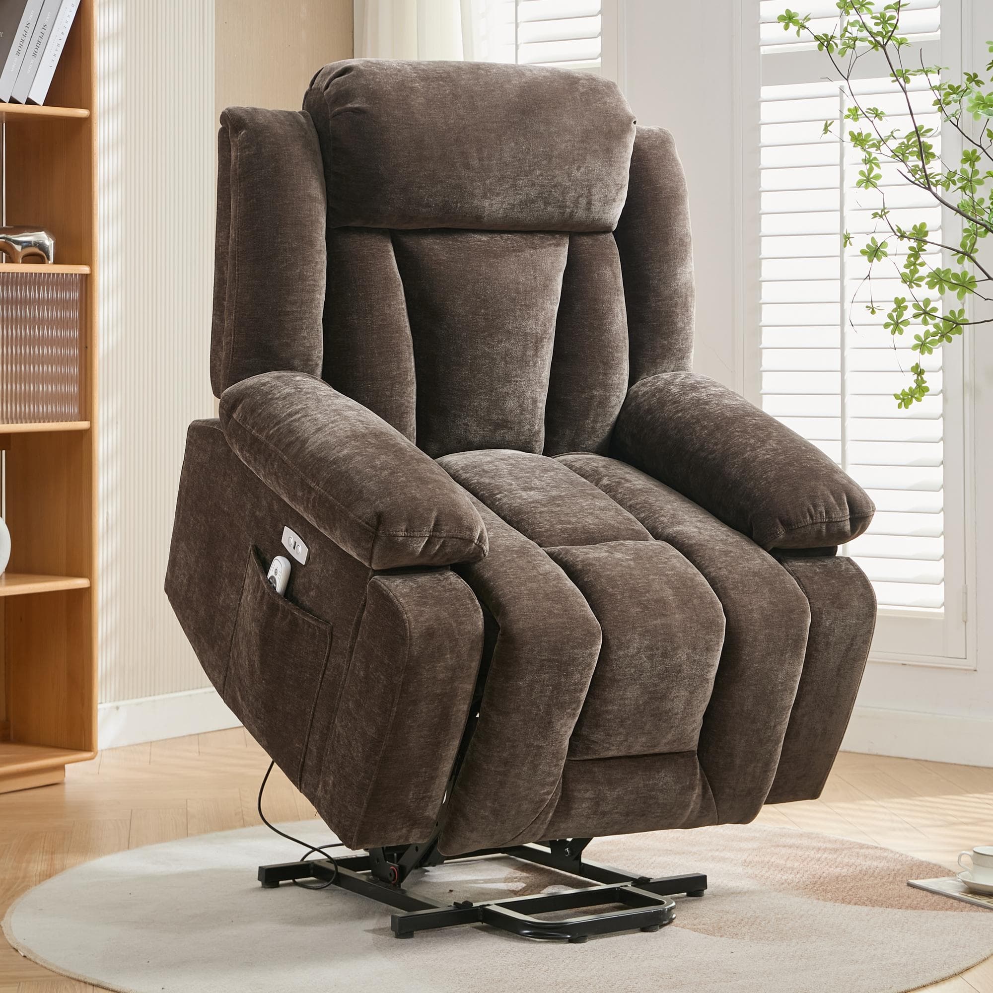Electric Power Lift Recliner Armchair with Massage and Lumbar Heating, Sofa with Cup Holders & Side Pocket, 95L x 94W x 107H cm, Brown | Aosom UK