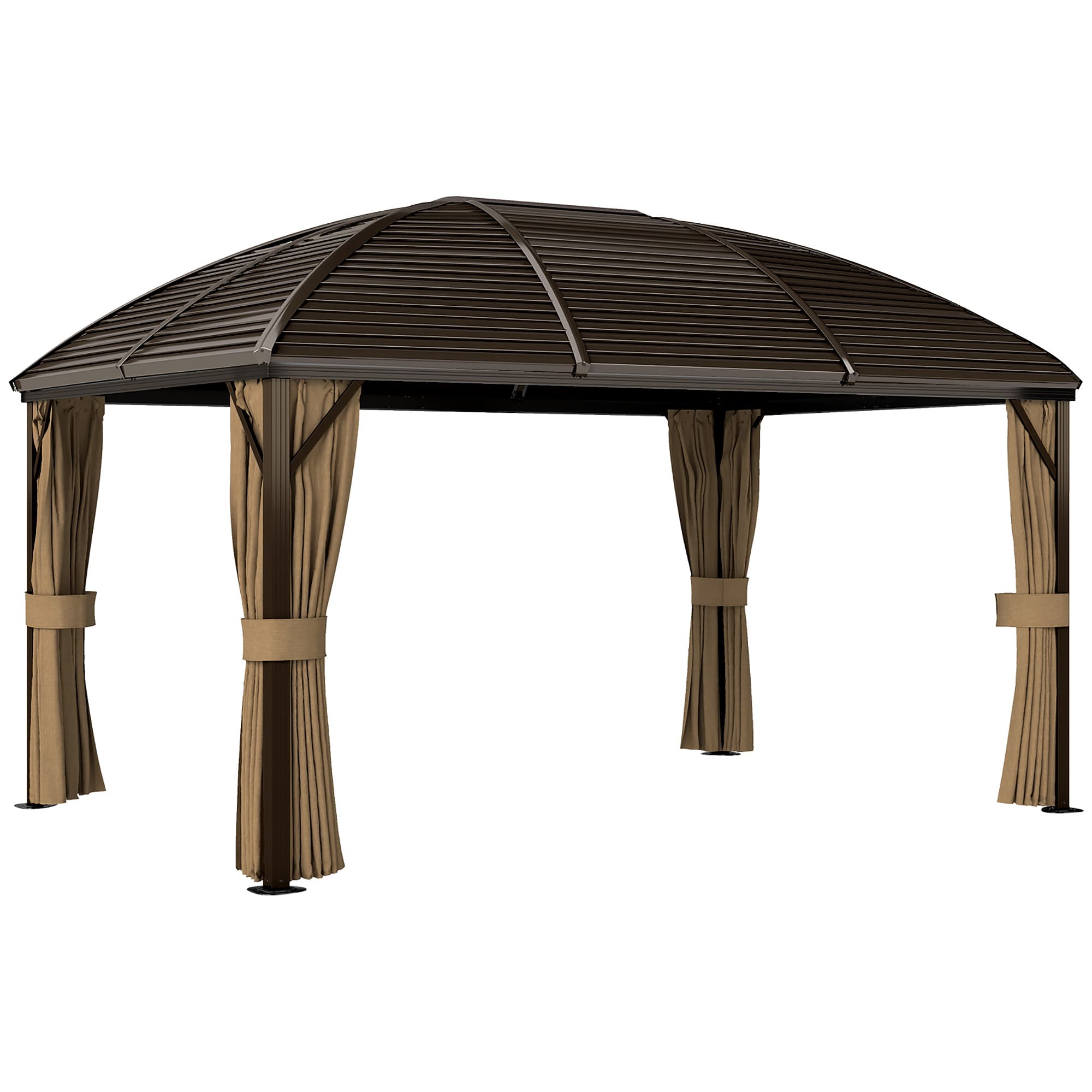 Outsunny 3 x 4m Hardtop Gazebo Canopy with Metal Roof, Aluminium Gazebo Permanent Pavilion with Netting and Curtains, Brown | Aosom UK