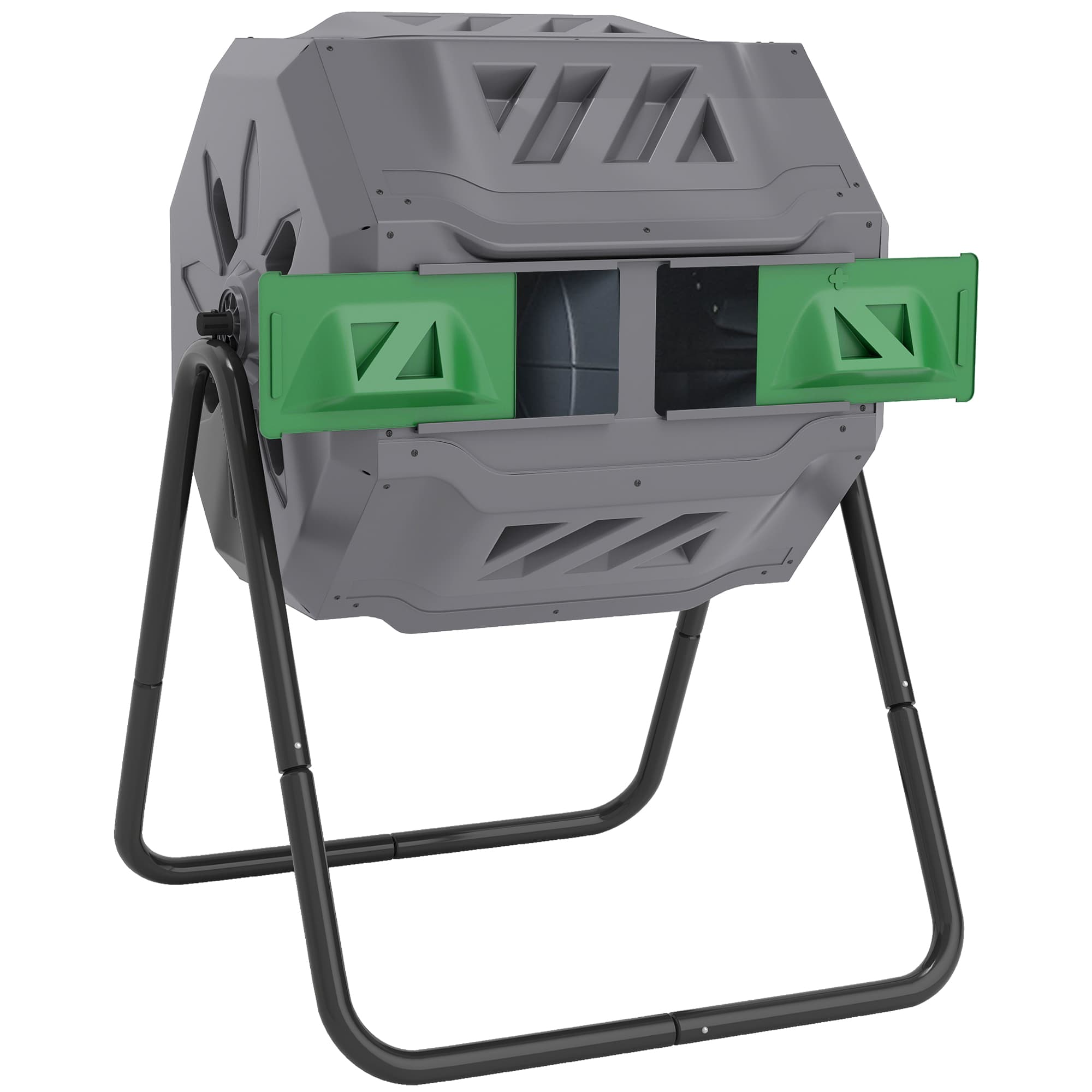 Outsunny 160L Tumbling Compost Bin Outdoor Dual Chamber 360° Rotating Composter w/ Sliding Doors & Solid Steel Frame, Grey