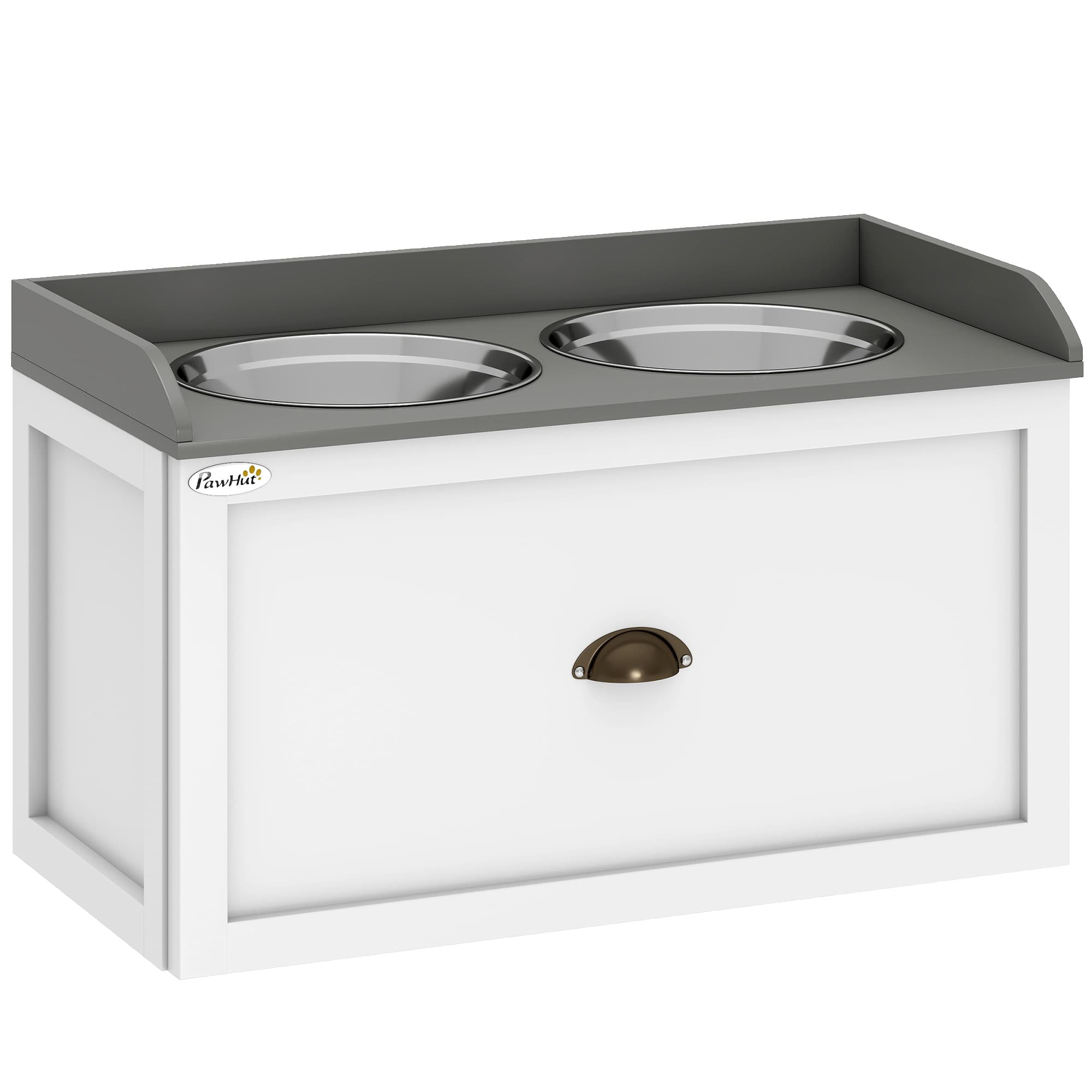 PawHut Stainless Steel Raised Dog Bowls with 21L Storage Drawer for Large Dogs and Cats - White | Aosom UK