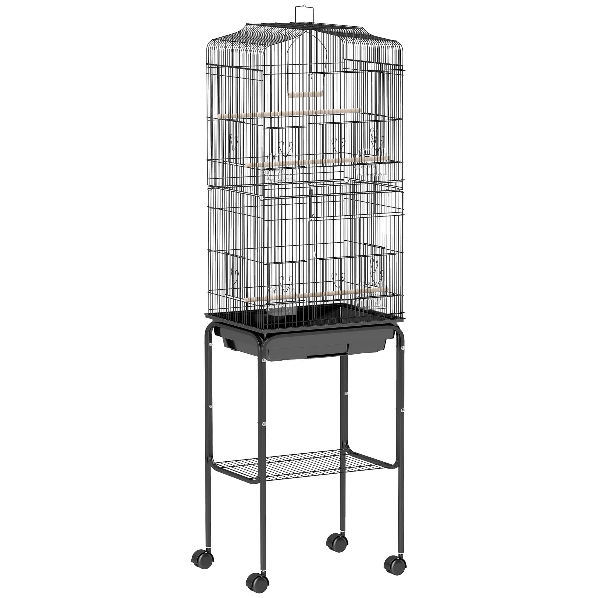 PawHut Bird Cage for Small Birds, Budgie Finch Canary Parakeet Home with Mobile Stand, Slide-out Cleaning Tray, Accessory Shelf, Onyx | Aosom UK