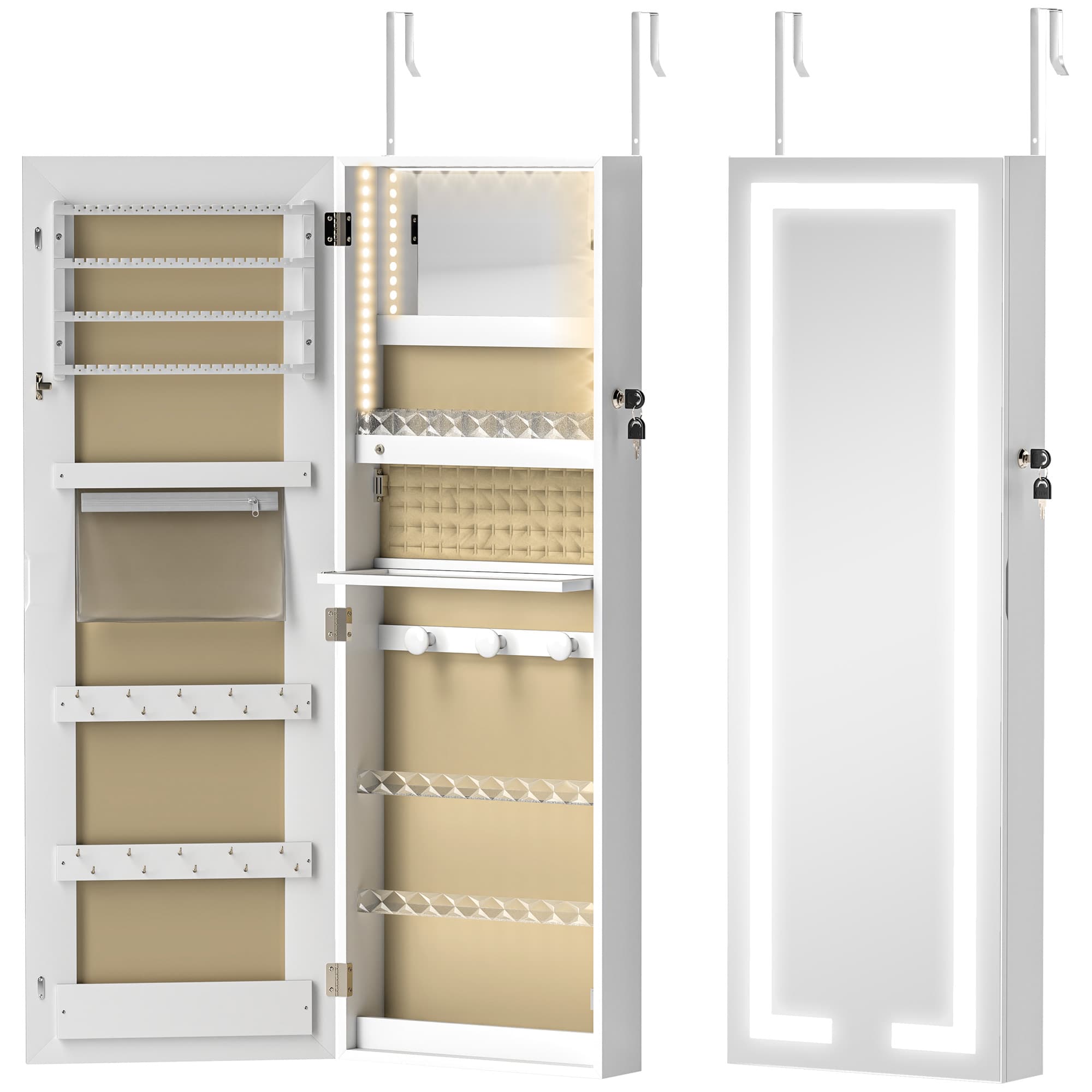 HOMCOM Jewelry Cabinet with LED, Lockable Wall/Door Jewelry Organizer with Mirror, 37 x 10.5 x 108 cm, White