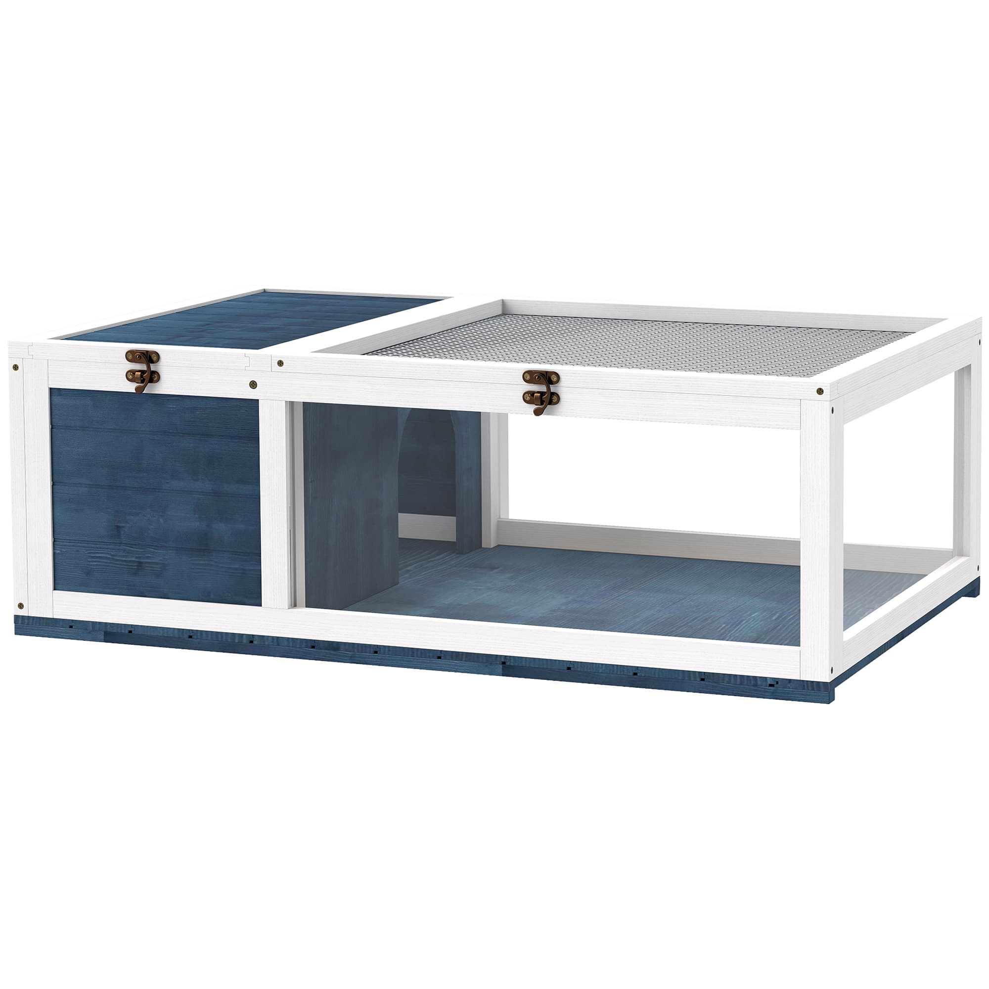 PawHut House enclosure cage habitat for small animals tortoises with 2 spaces 91 x 60.5 x 32 cm solid wood blue