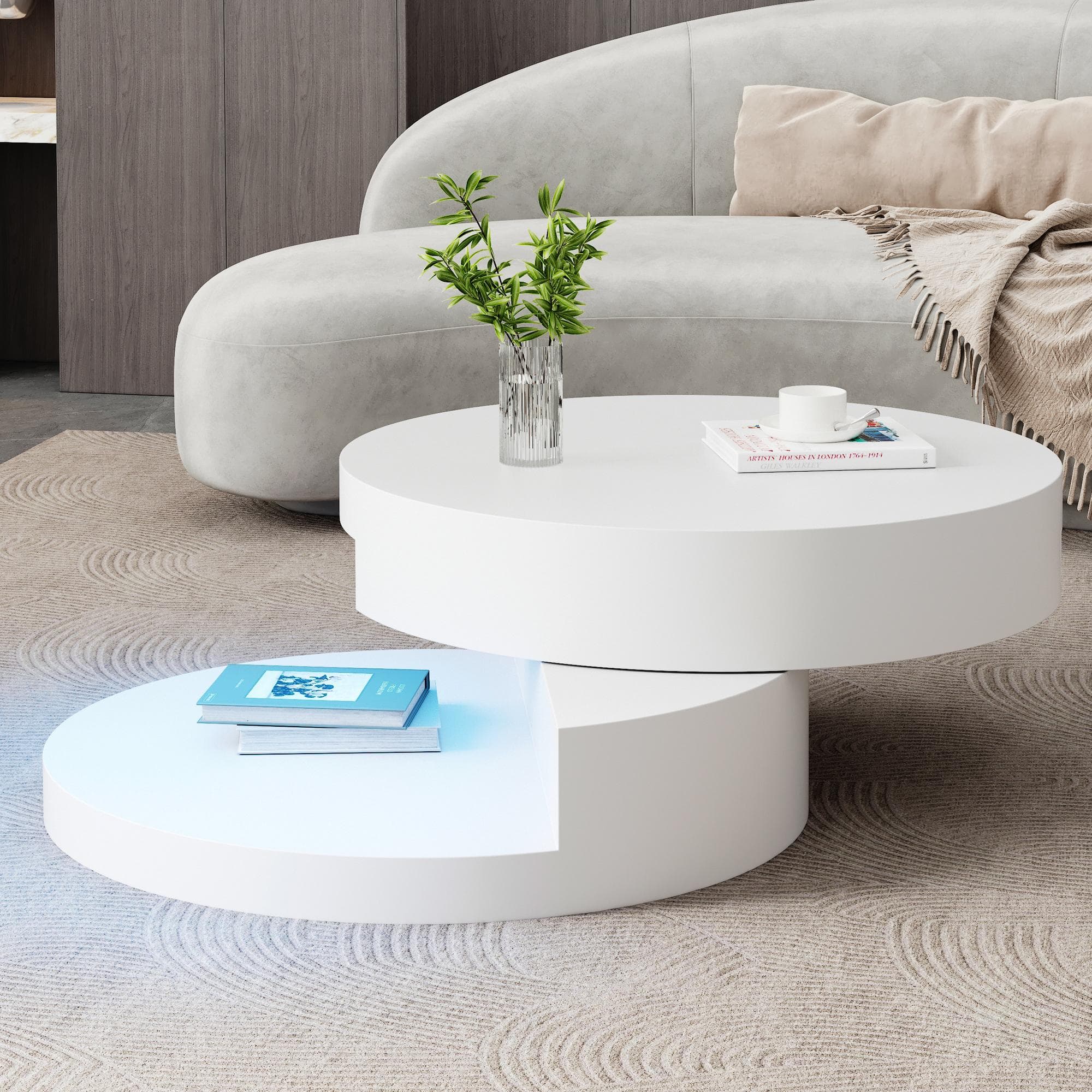 Round Rotating Coffee Table with Remote-Controlled LED Strip, Space-Saving Tabletop with Double-Layer Storage, 70L x 70W x 35.5H cm, White | Aosom UK