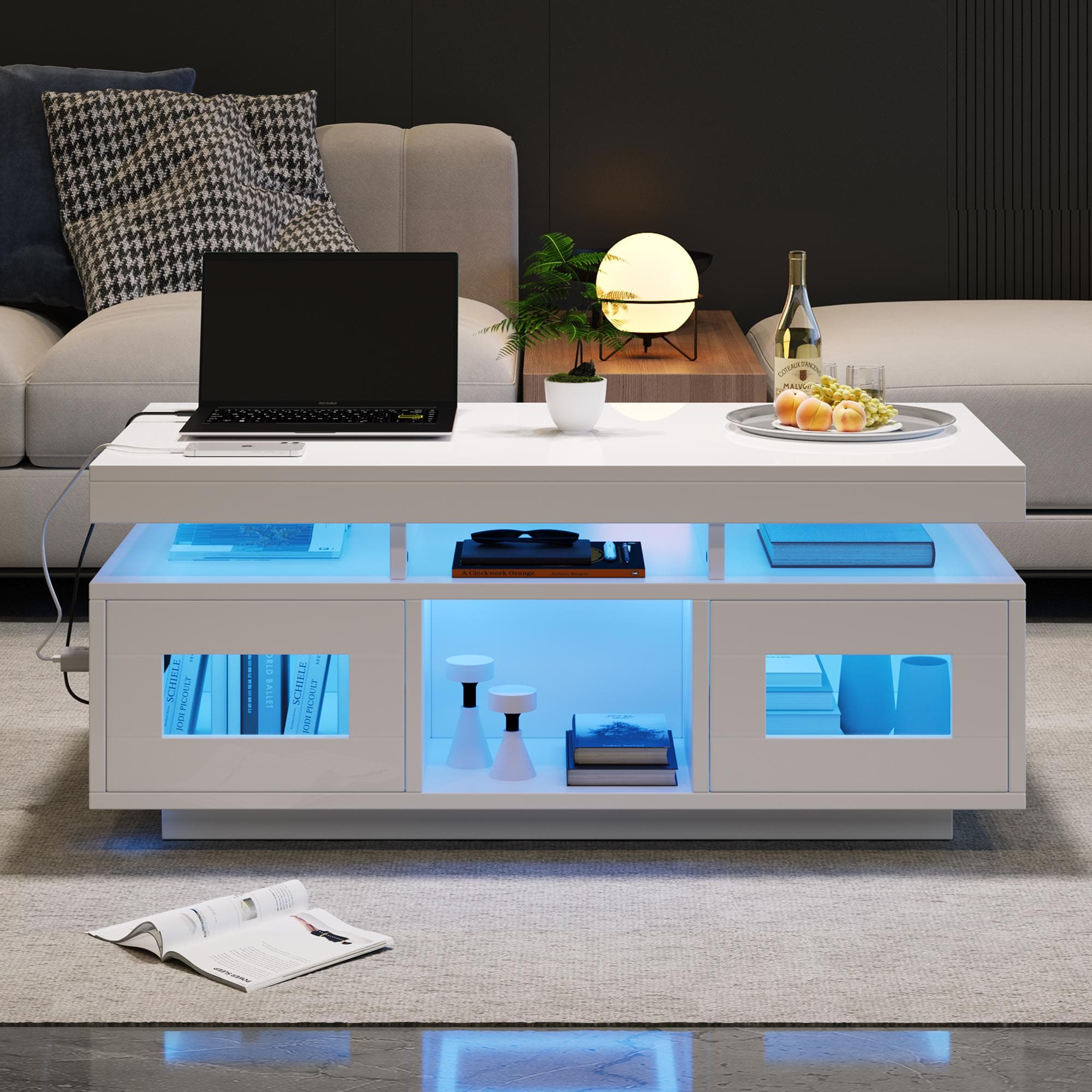 Modern Coffee Table with App-Controlled LED and USB Port, Space-Saving Unit with Acrylic Cabinets and Storage, 100L x 50W x 43H cm, White | Aosom UK