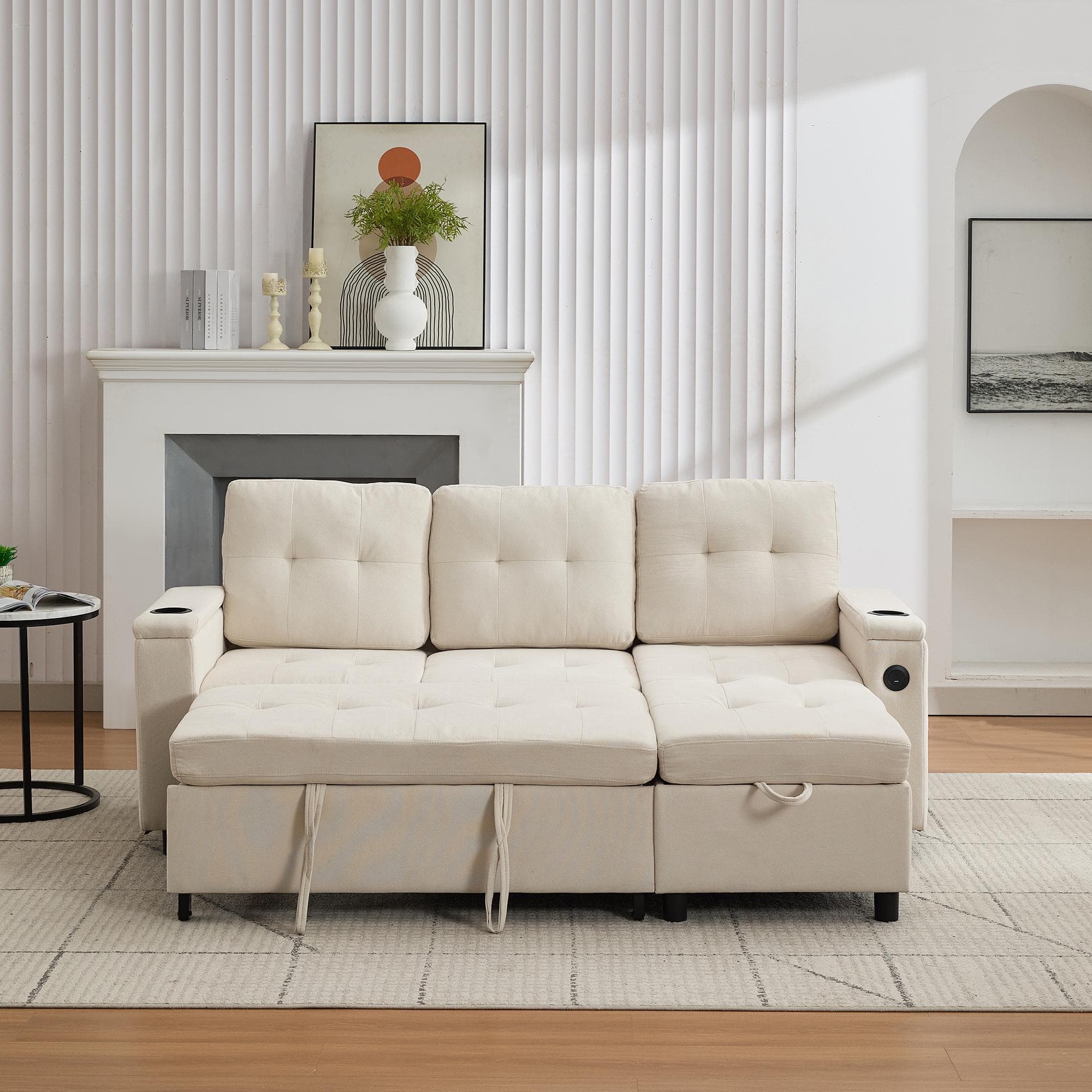 L-Shaped 3-Seater Sofa Bed with Hidden Storage, USB & USB-C Ports, Space-Saving Sofa for Compact Spaces, 208L x 146W x 89.5H cm, Beige | Aosom UK