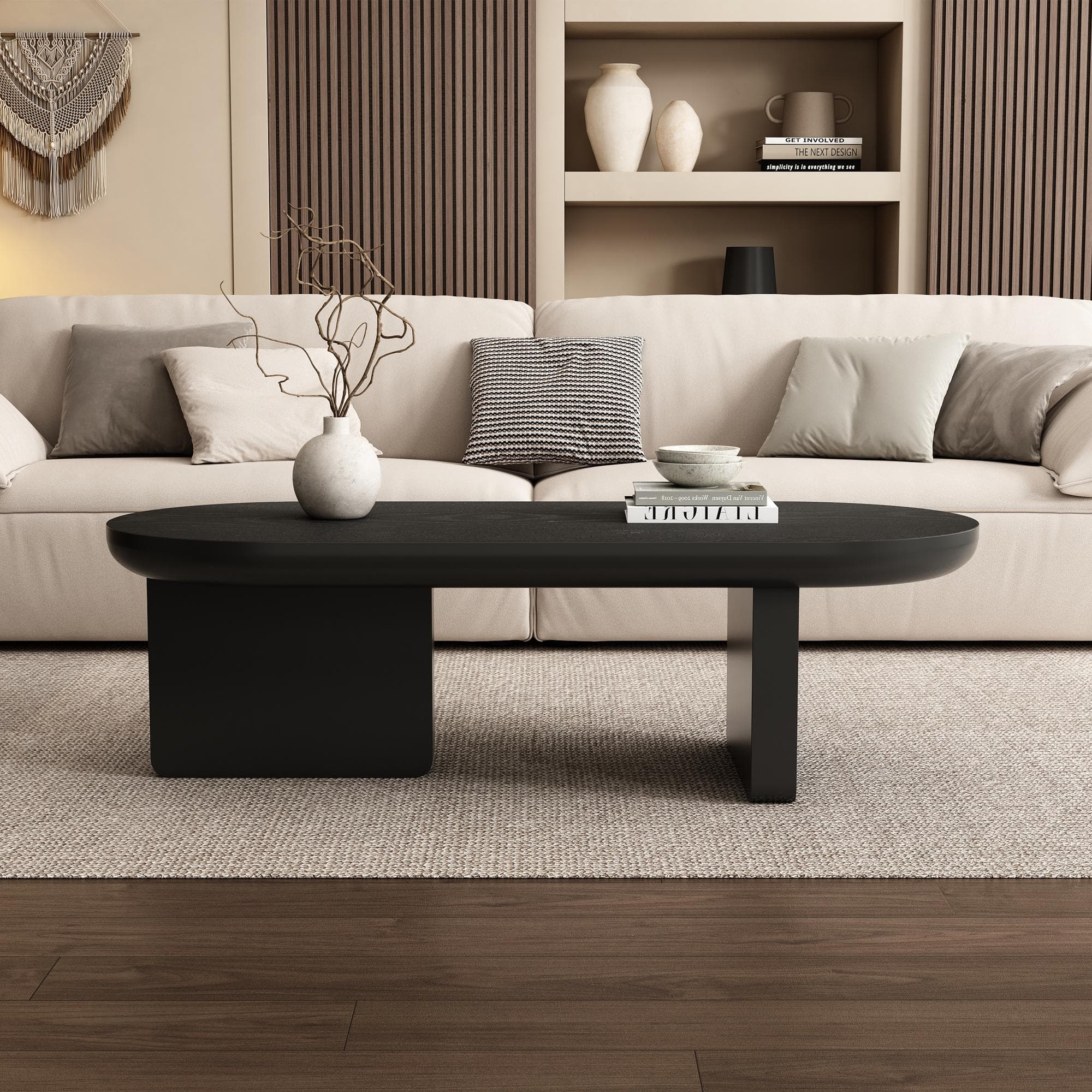 Oval Centre Coffee Table with Double Square Legs and Felt Feet, Minimalist Table for Compact Living Rooms, 119.5L x 50W x 35.5H cm, Black | Aosom UK