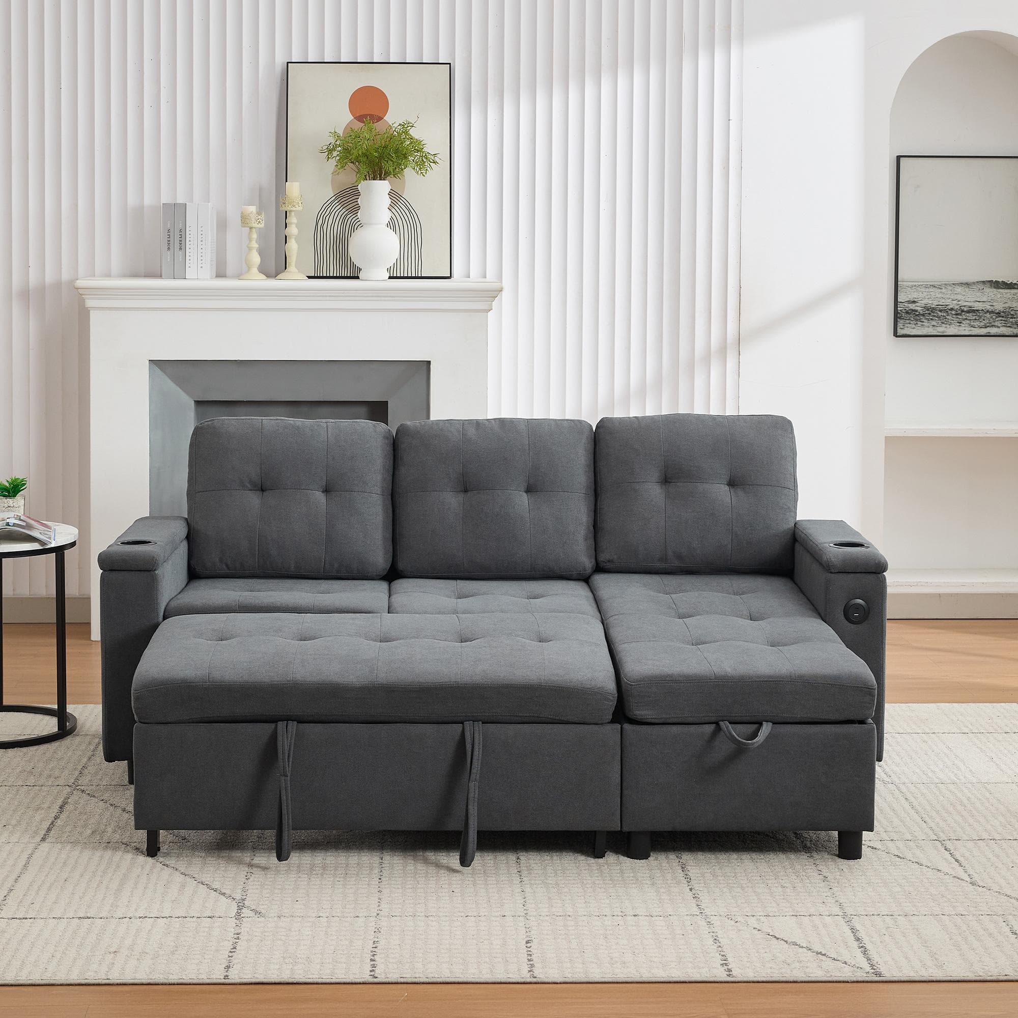 L-Shaped 3-Seater Sofa Bed with Hidden Storage, App-Controlled LED Light, Pull-Out Sofa for Compact Areas, 208L x 146W x 89.5H cm, Grey | Aosom UK