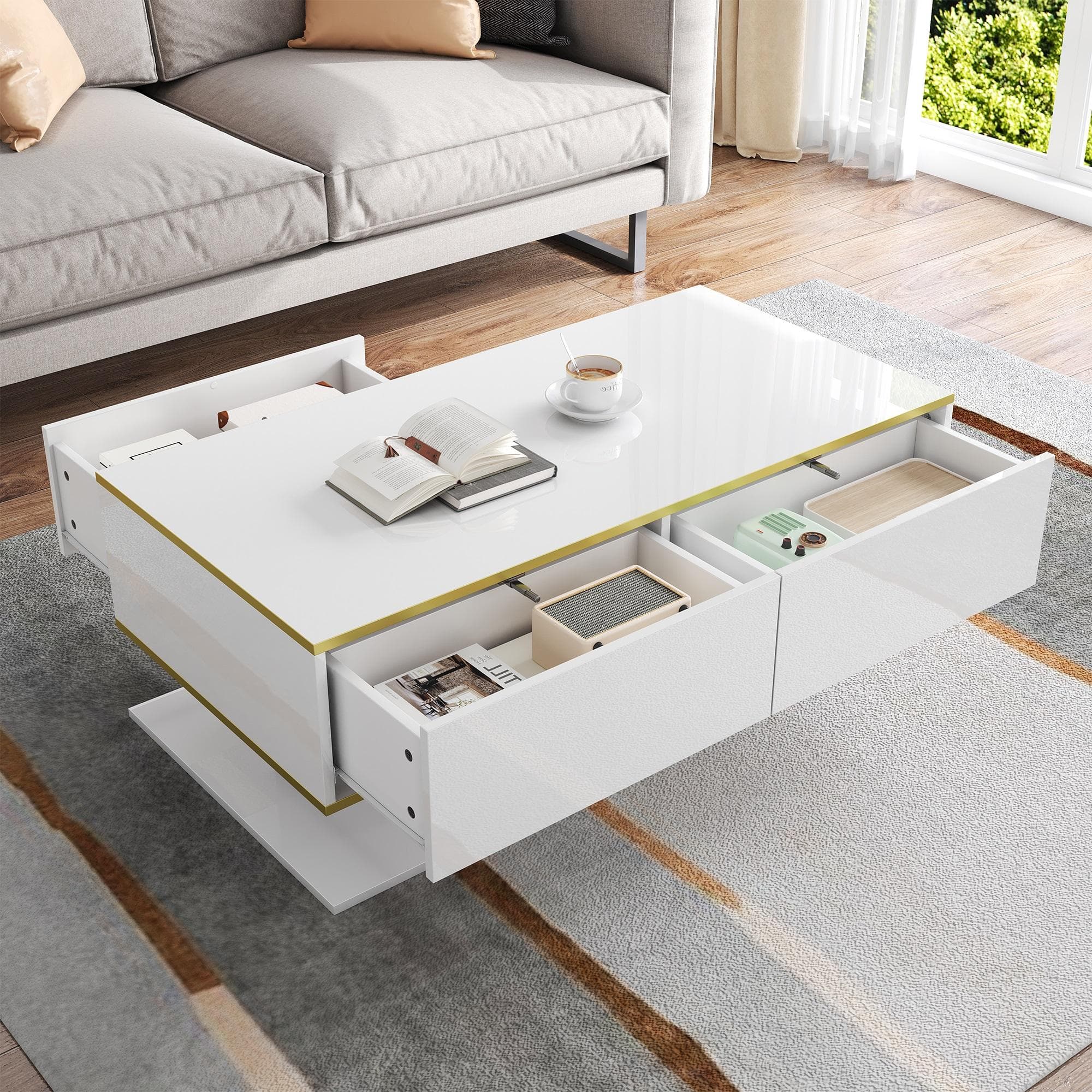 Modern LED Coffee Table with High-Gloss Finish and Gold Accents, Illuminated Unit with Drawers and Storage, 100L x 50W x 40H cm, White | Aosom UK