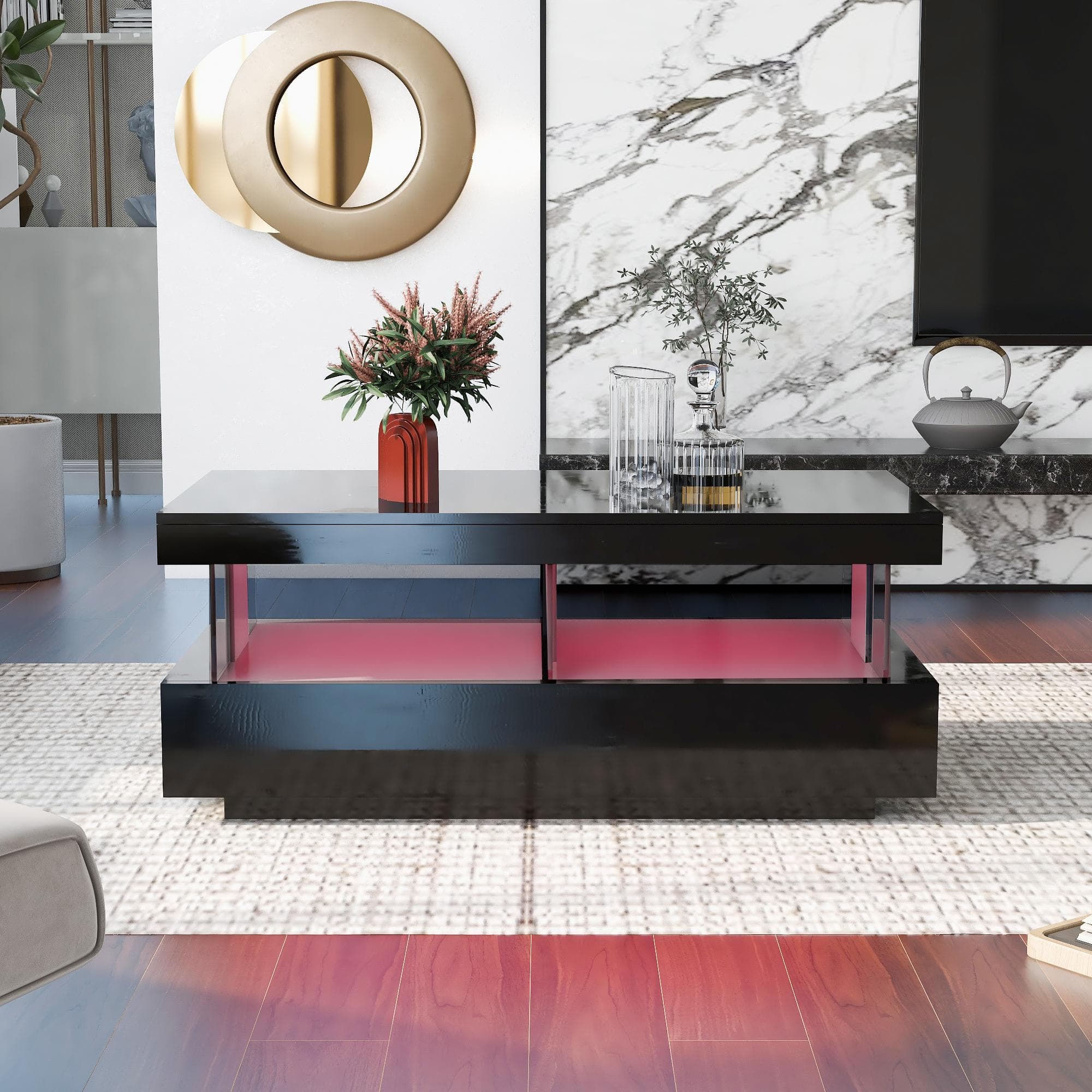 Stylish Coffee Table with 2 Drawers, Open Storage and LED Lights, Durable Center Table for Living Room, 100L x 60W x 49.5H cm, Black | Aosom UK