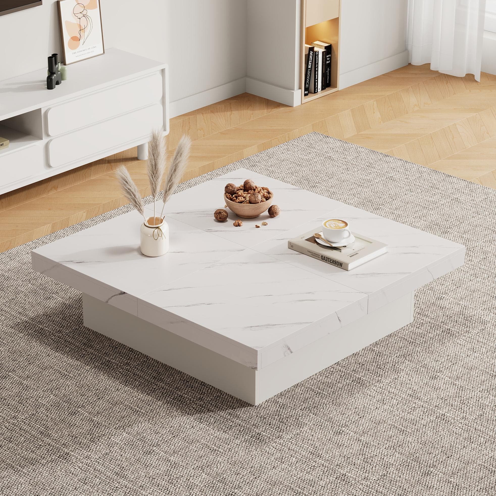 Modern Square Coffee Table with 4 Drawers and Sliding Surface, Space-Saving Center Table for Living Rooms, 90L x 90W x 25H cm, White | Aosom UK