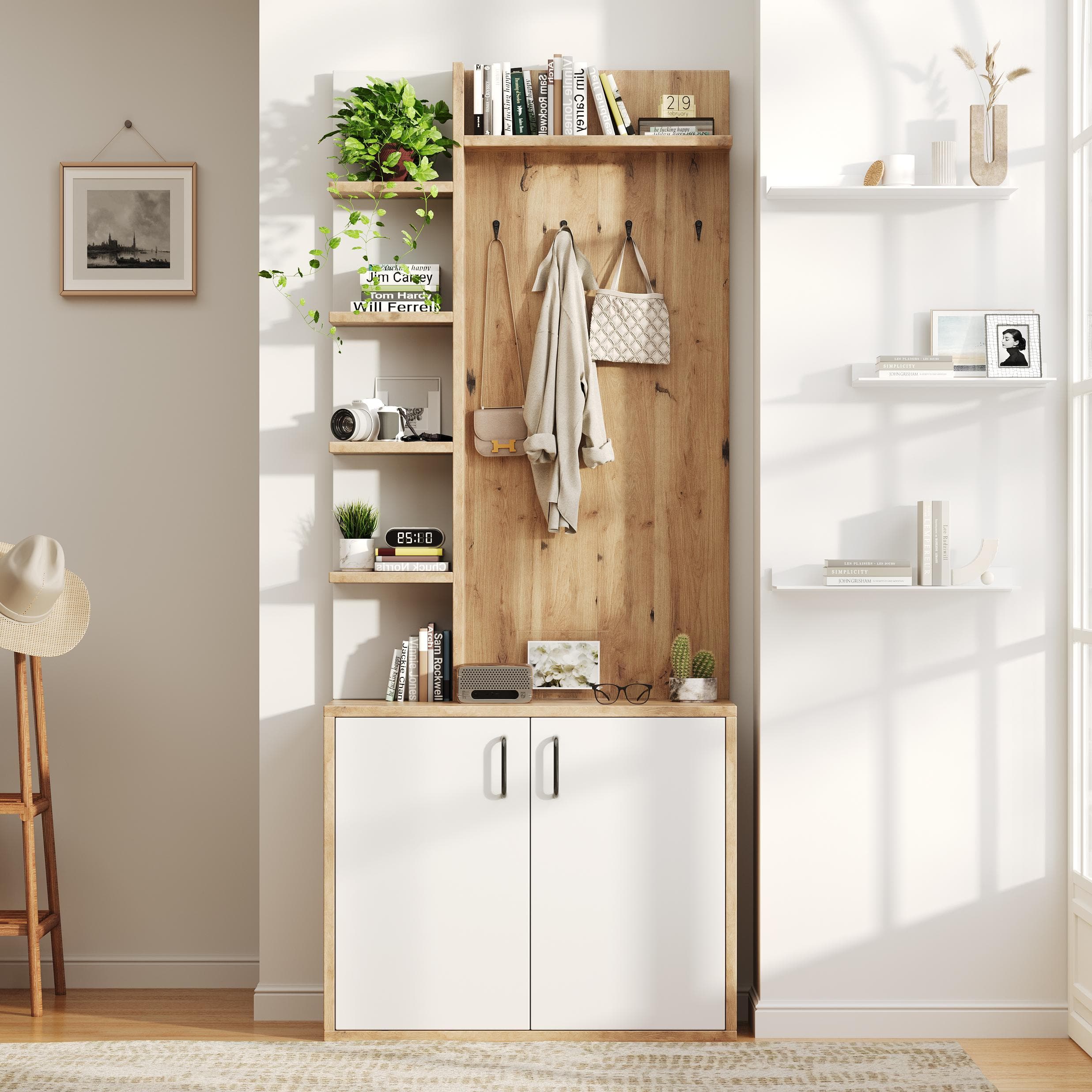 Hall Tree Coat Rack with Shoe Cabinet and 5 Open Shelves, Double‑door Storage for Narrow Entrance, 75L x 33W x 180H cm, White+Oak | Aosom UK