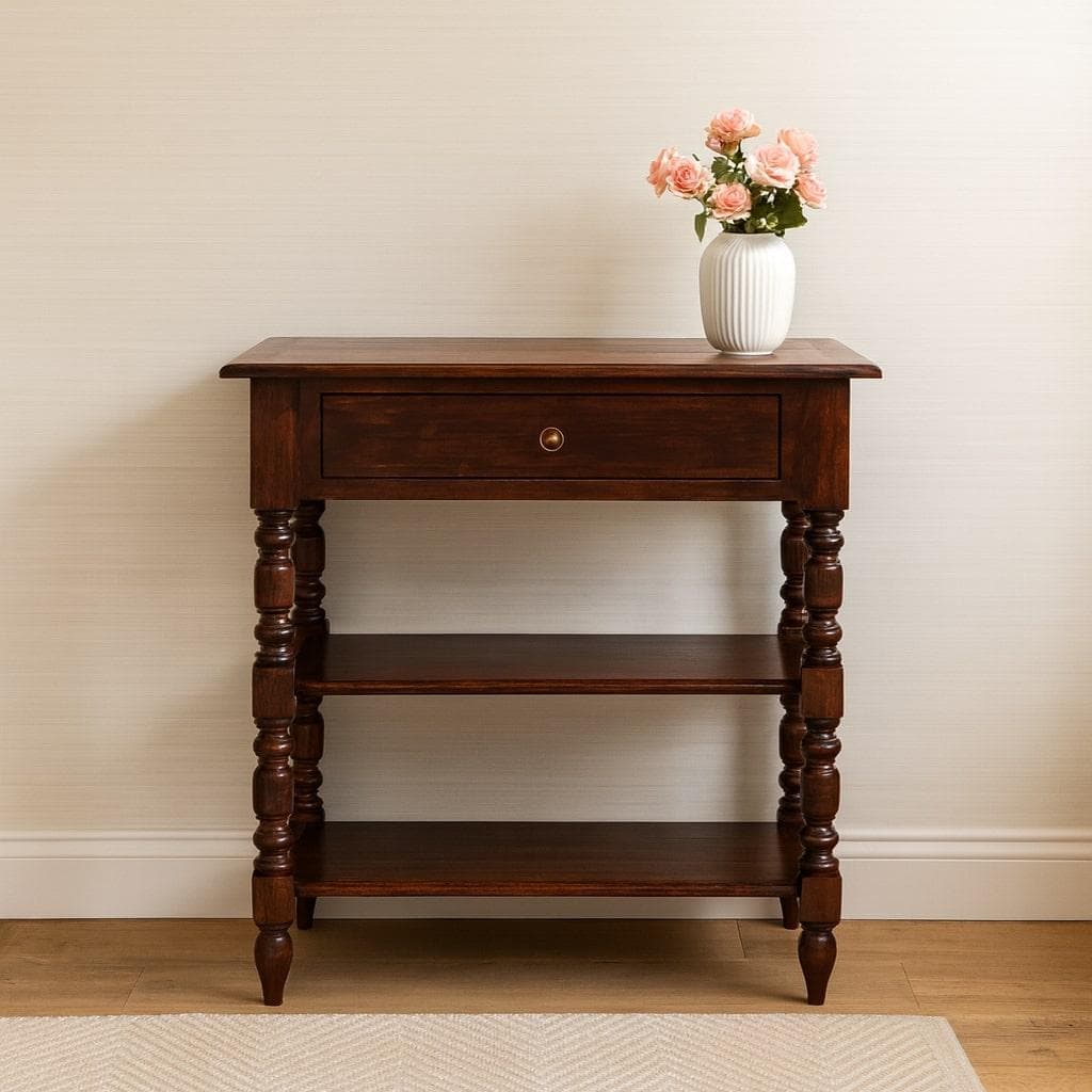 Handcrafted Solid Mango Wood Occasional Table with Turned Legs, Pre-assembled Unit with Drawer and Shelves, 60L x 35W x 70H cm, Brown | Aosom UK