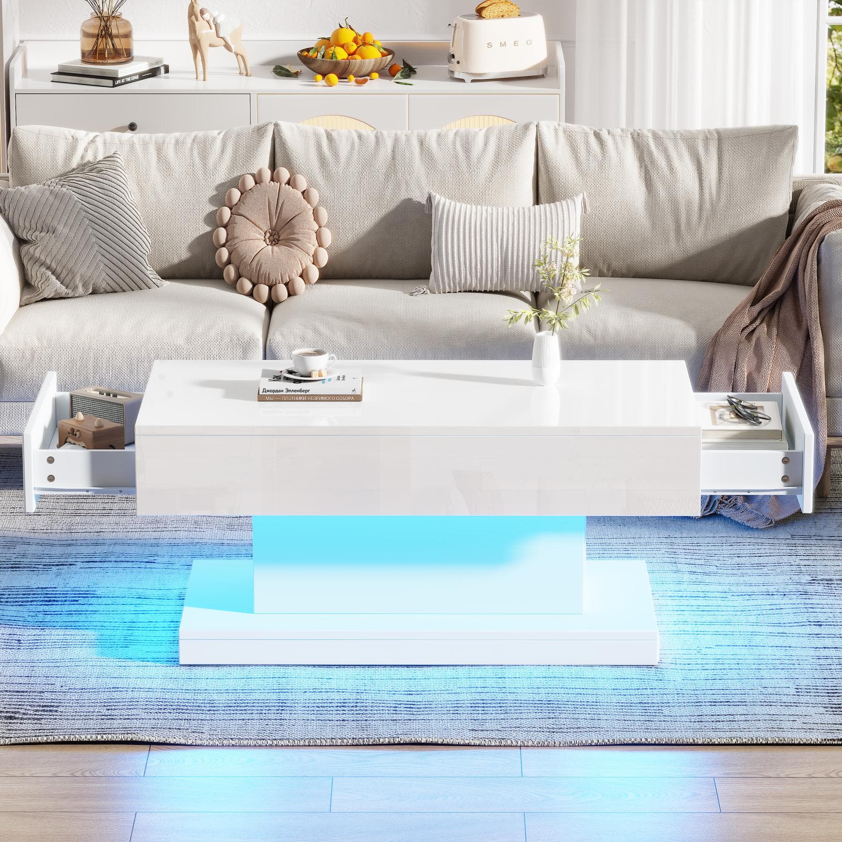 T-shaped Coffee Table with 2 Drawers and App-Controlled LED Strip, High-Gloss Centre Table for Living Room, 100L x 50W x 45H cm, White | Aosom UK