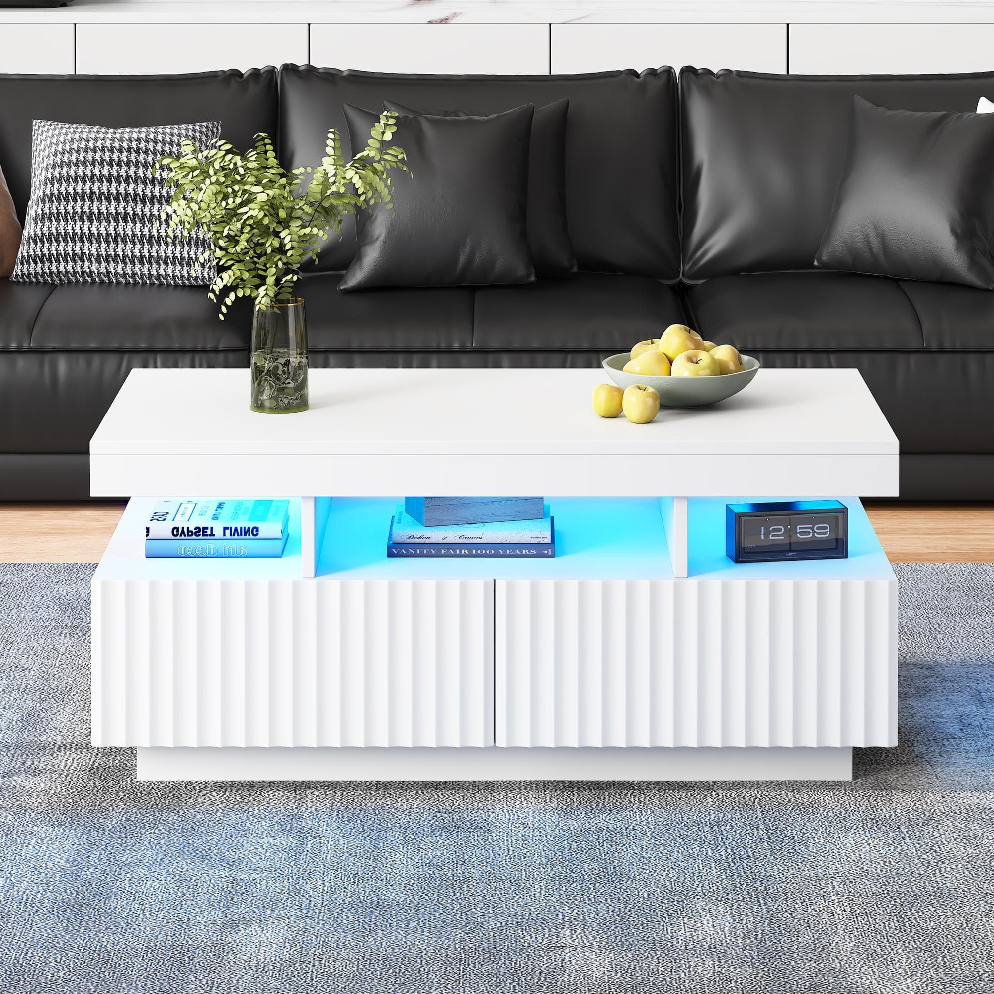 Modern Coffee Table with App-Controlled LED and Two Ribbed Drawers, Sleek Unit with Open Display Shelf, 100L x 50W x 45H cm, White | Aosom UK