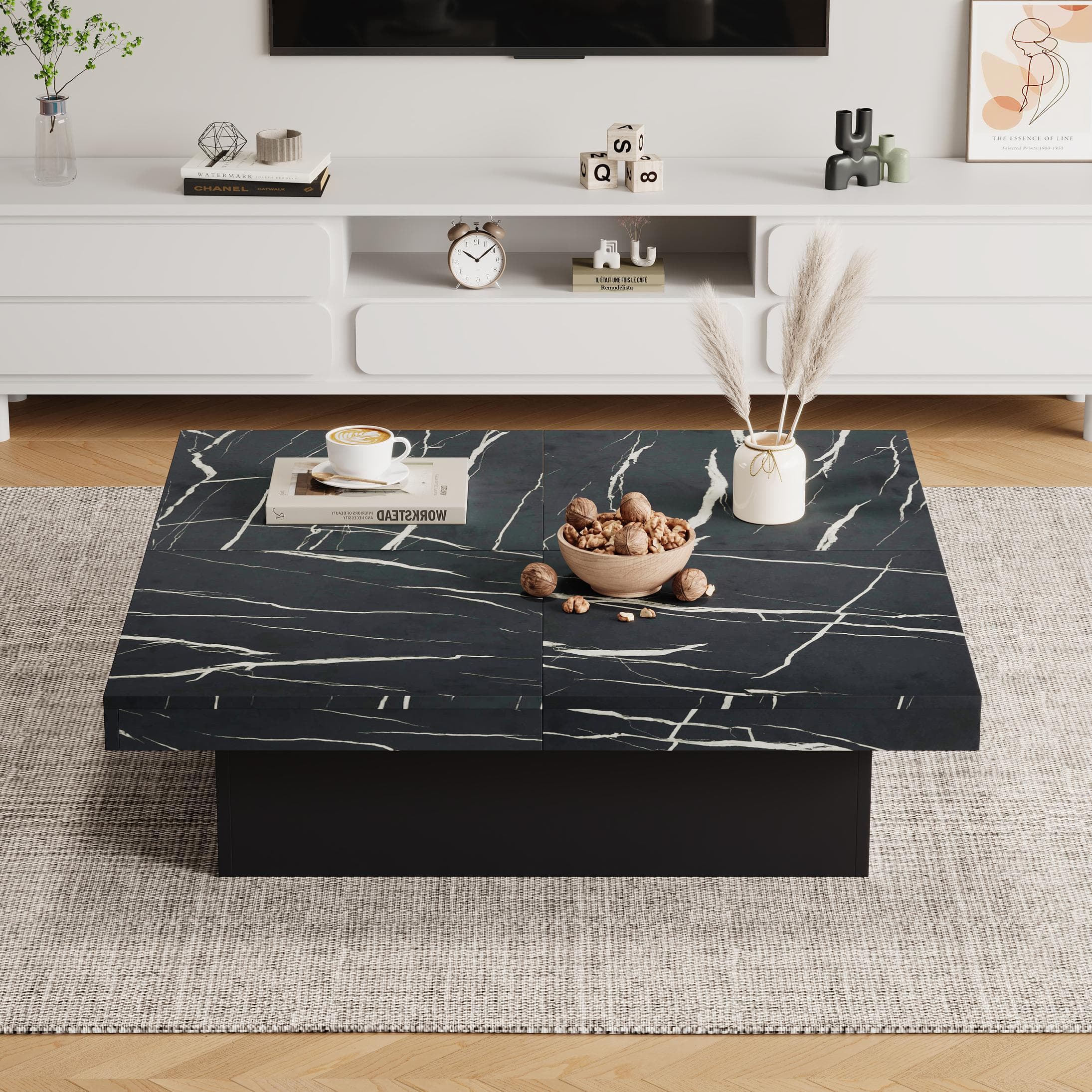Modern Square Coffee Table with Sliding Top and 4 Built-In Drawers, Versatile Center Table for Living Spaces, 90L x 90W x 25H cm, Black | Aosom UK