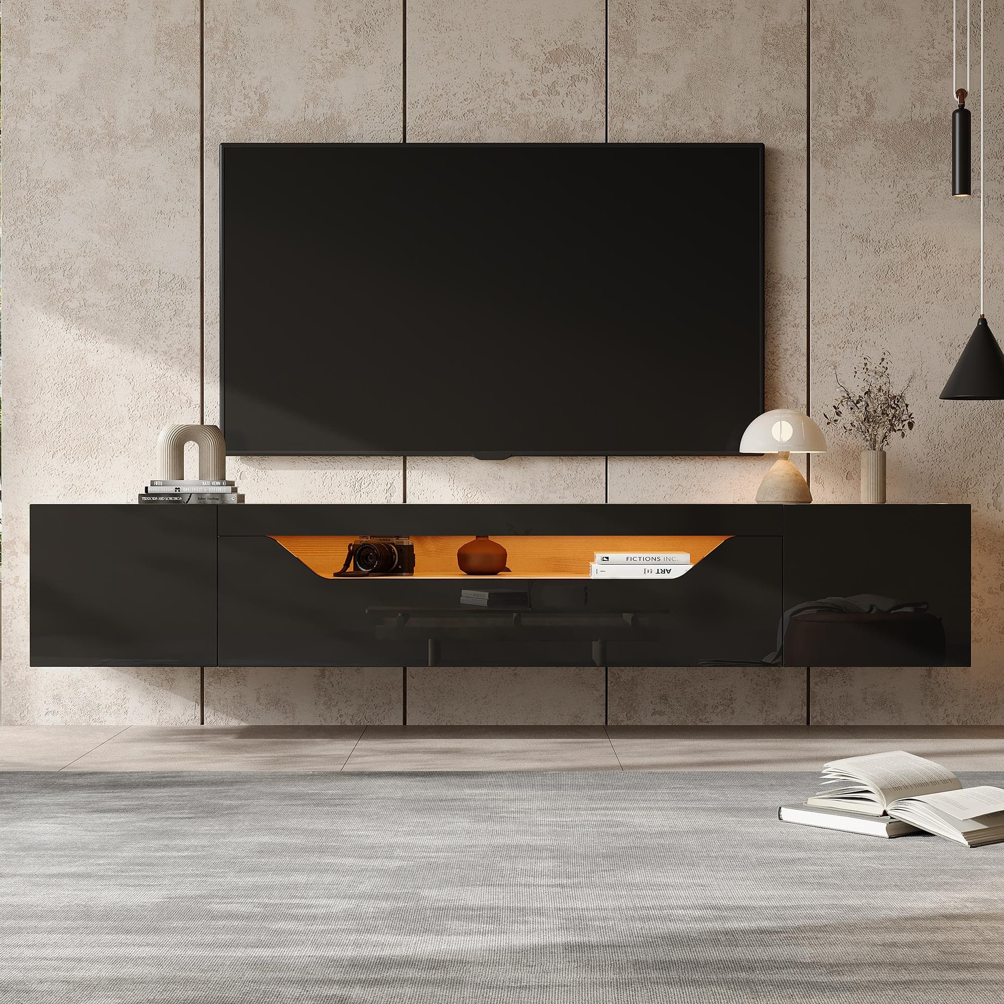 Floating TV Stand with App-Controlled LED Strip and Pull-Down Door, Wall-Mounted TV Unit with Storage Shelves, 180L x 37W x 36H cm, Black | Aosom UK