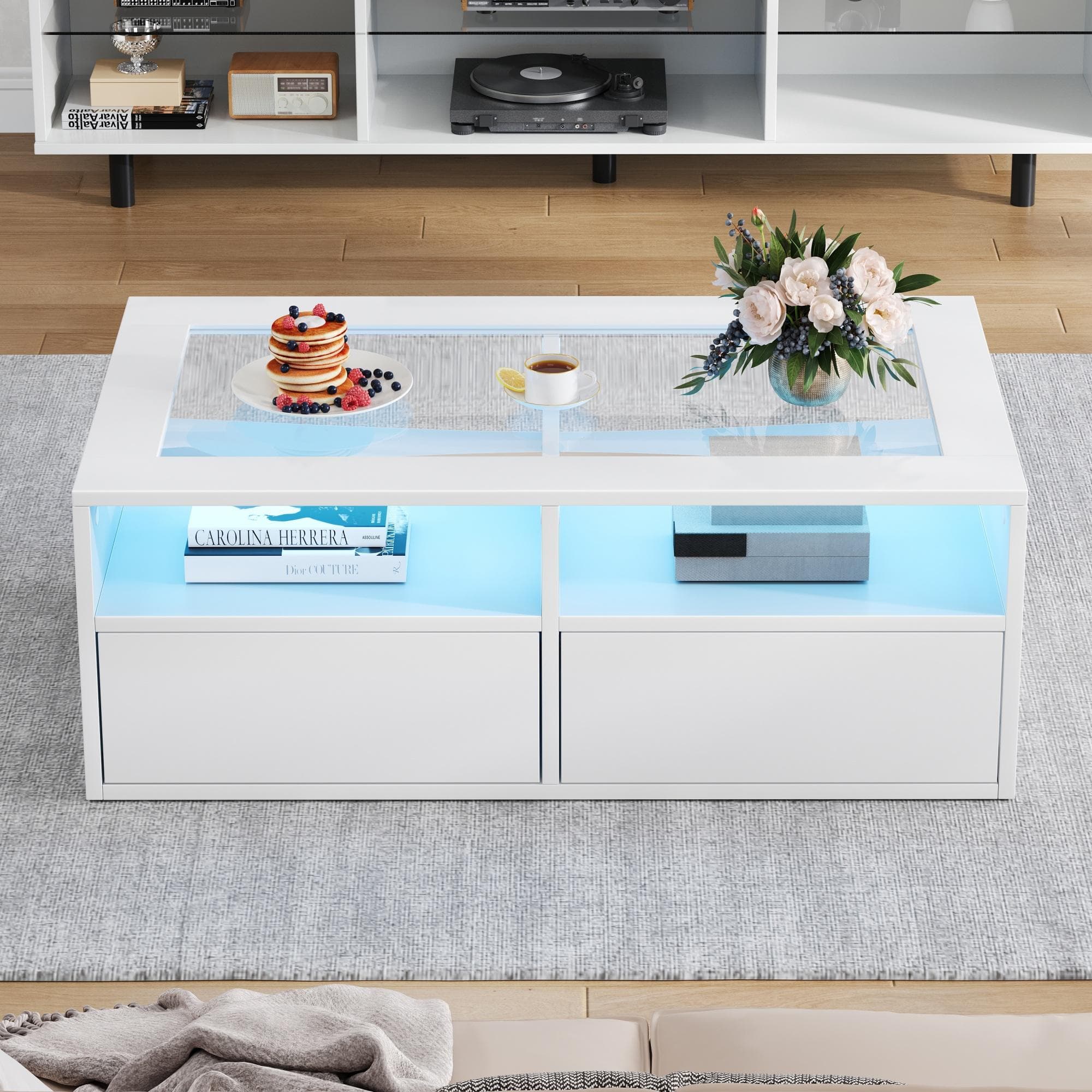 Smart Coffee Table with App-Controlled LED, USB Port and Glass Top, Practical Unit with 2 Drawers and Shelves,100L x 50W x 35H cm, White | Aosom UK