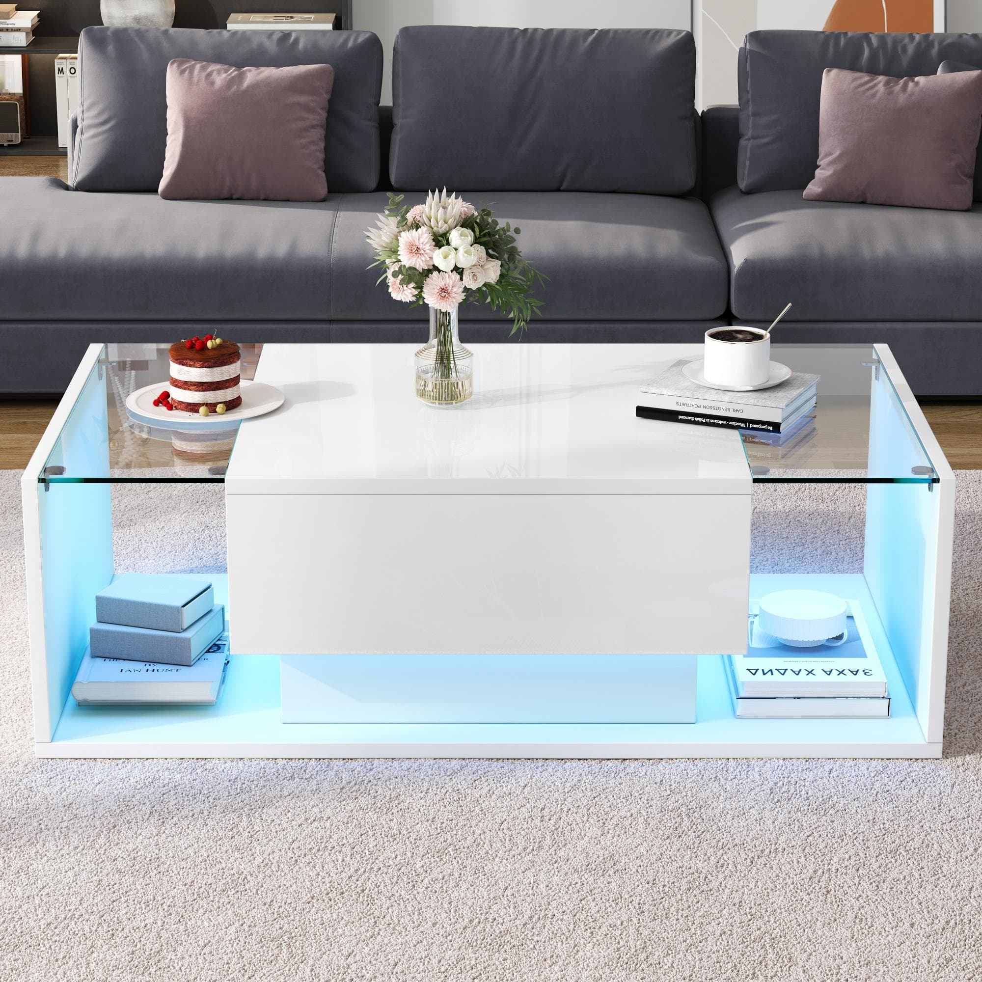 High-Gloss Coffee Table with a Drawer and Semi-Open Storage, Modern Centre Table for Living Room and Office, 100L x 50W x 31H cm, White | Aosom UK