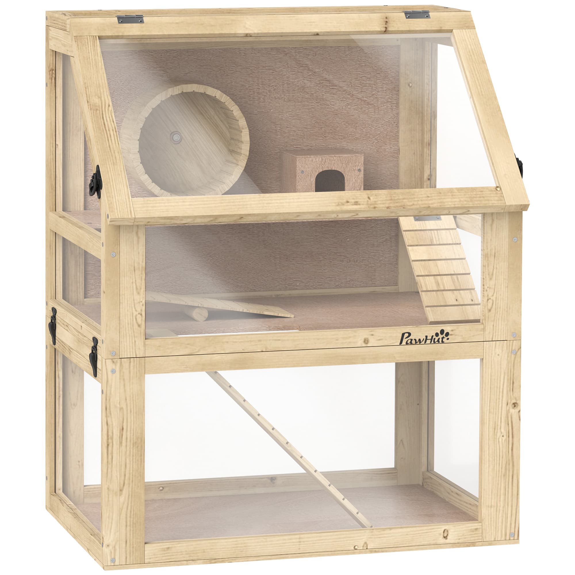 PawHut Wooden Hamster Cage with Detachable 32cm Deep Bottom, Hut, Seesaw, Exercise Wheel, Ramps, 60 x 40 x 75cm