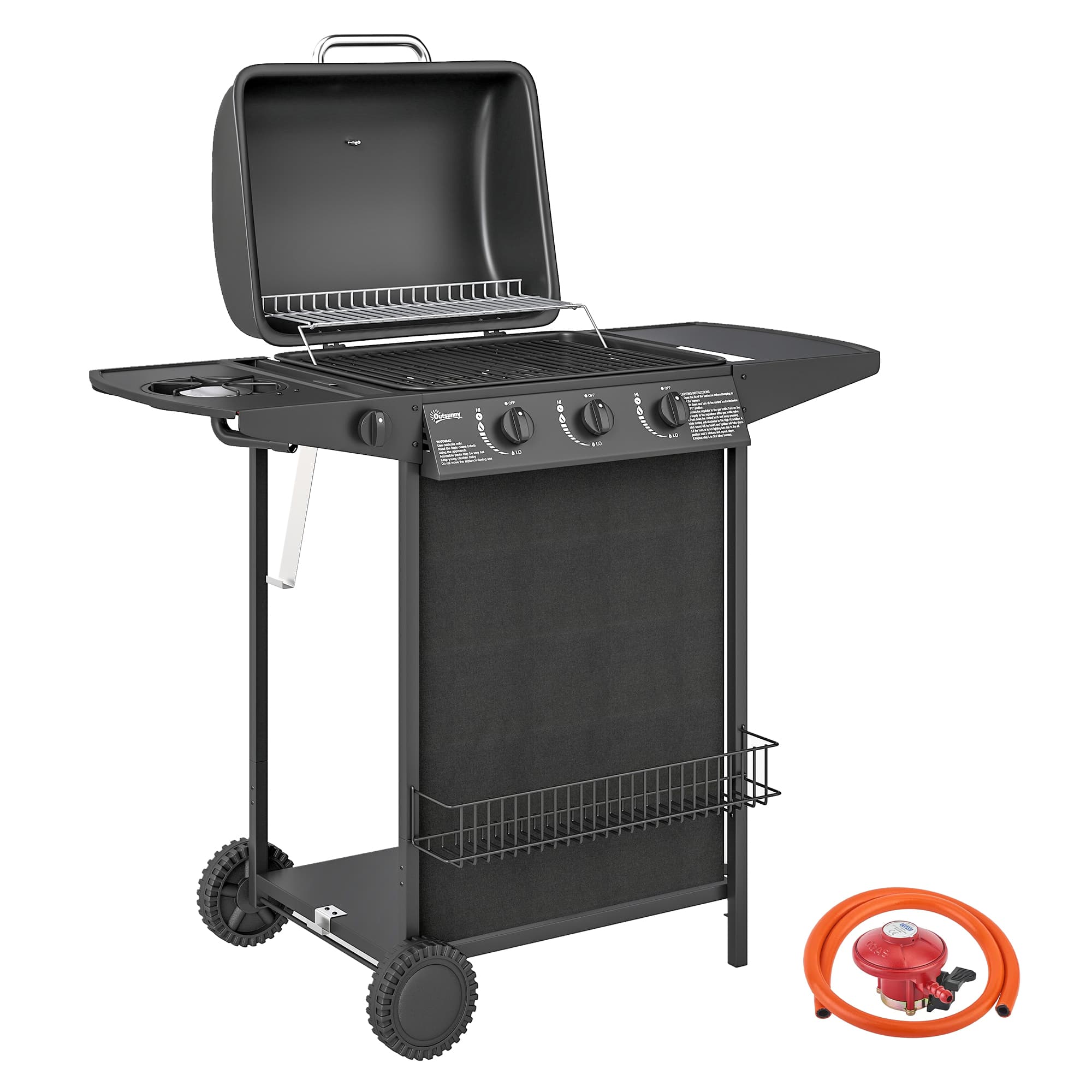 Outsunny 3+1 Burner Gas BBQ Grill, Smoker Grill with Built-in Thermometer, Side Table, Shelf, Grease Cup, Black | Aosom UK