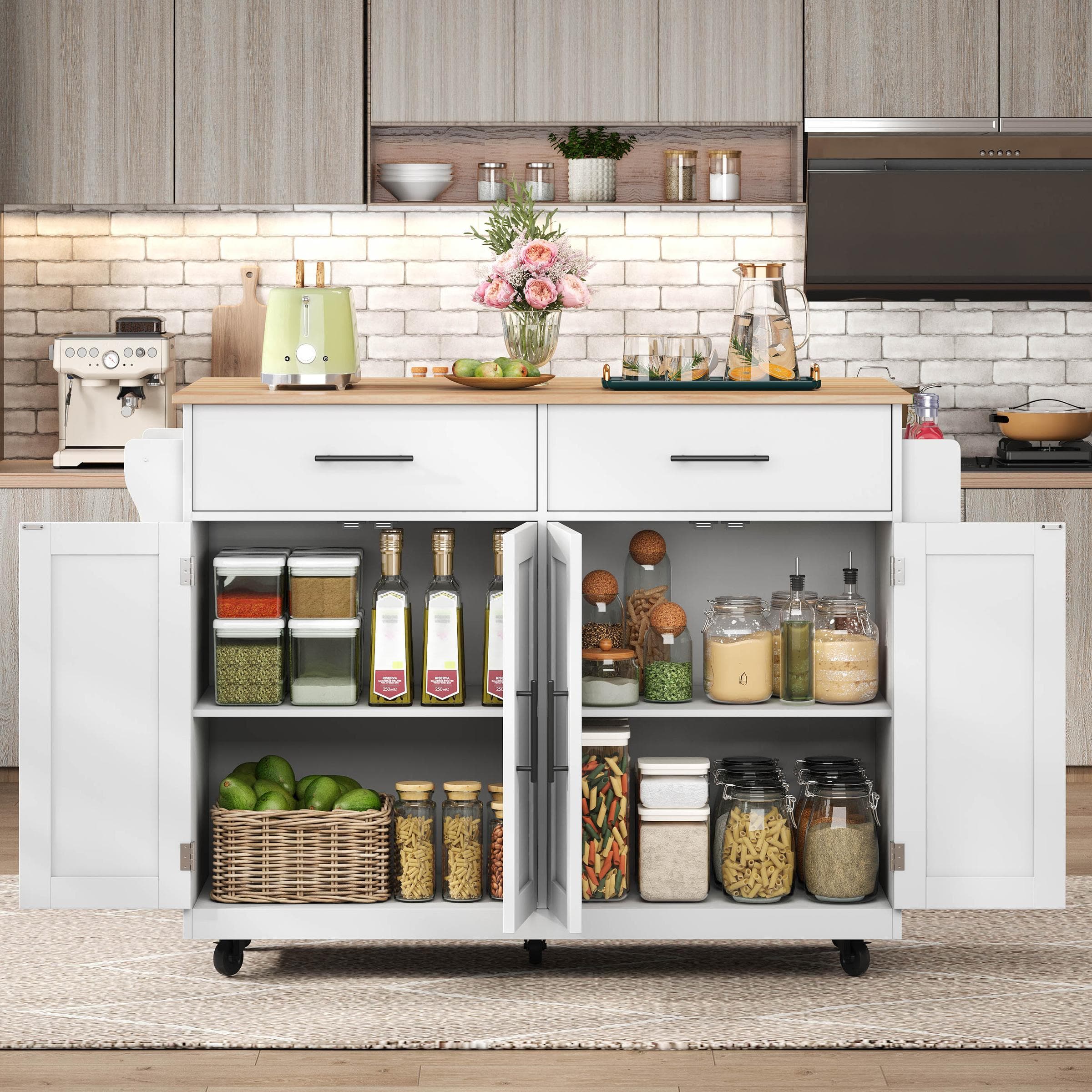 Contemporary Kitchen Storage Trolley with Foldable Dropleaf, Spacious Buffet with Towel Holders, 120L x 71W x 91.5H cm, White+Natural | Aosom UK