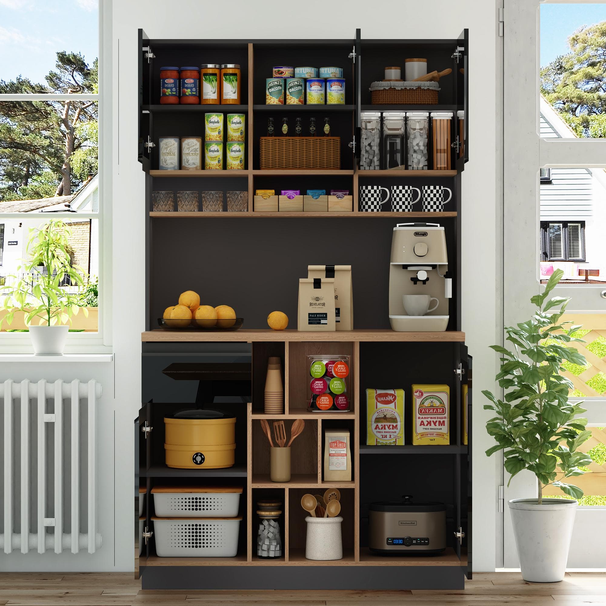 Stylish Kitchen Cabinet with 3 Smooth-Sliding Drawers, Versatile Sideboard with Adjustable Shelves, 105L x 45W x 185H cm, Black+Natural | Aosom UK