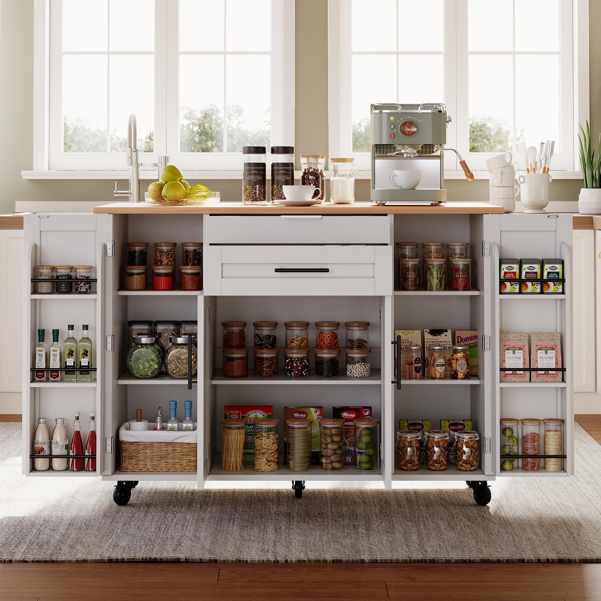 Versatile Kitchen Trolley with Fold-Out Worktop, Spacious Storage Island with Double-Door Cabinets, 136L x 70W x 92H cm, White+Natural | Aosom UK
