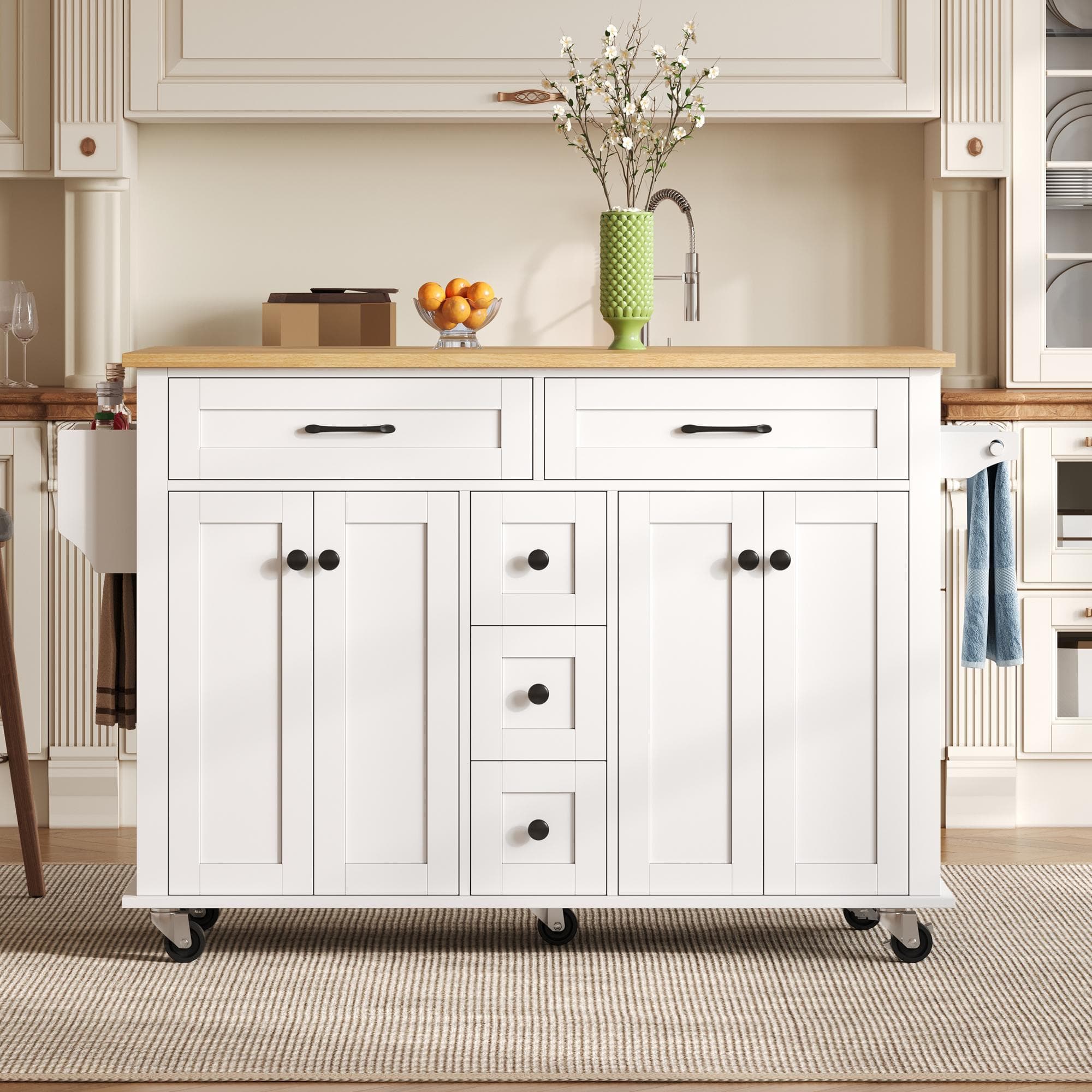 Versatile Kitchen Trolley with Extendable Worktop and 5 Drawers, Sturdy Buffet with Lockable Castors, 140L x 65W x 89H cm, White+Natural | Aosom UK