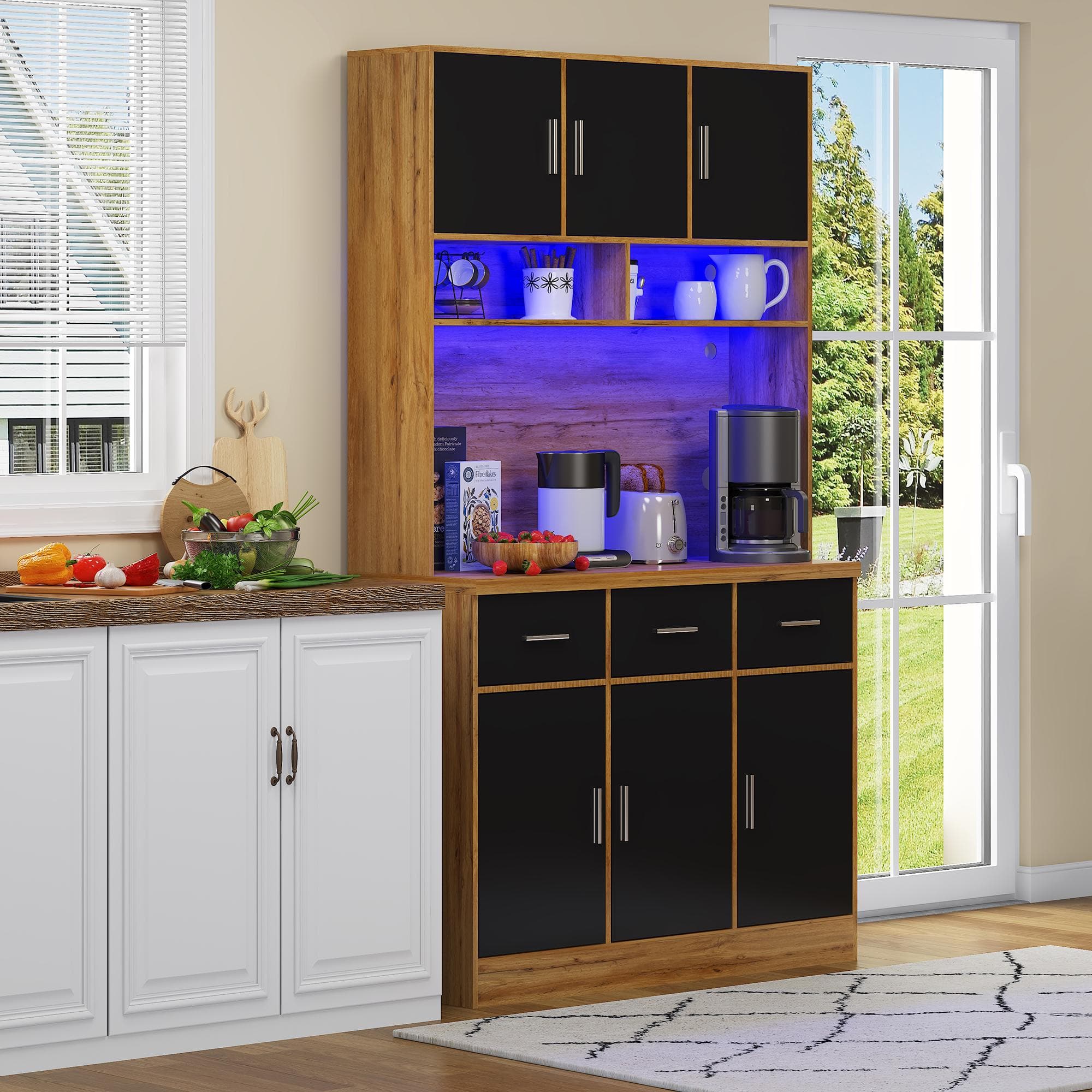 Stylish Tall Pantry Cabinet with App-Controlled LED, Spacious Larder Unit with Water-Resistant Worktop, 100L x 40W x 180H cm, Natural+Black | Aosom UK