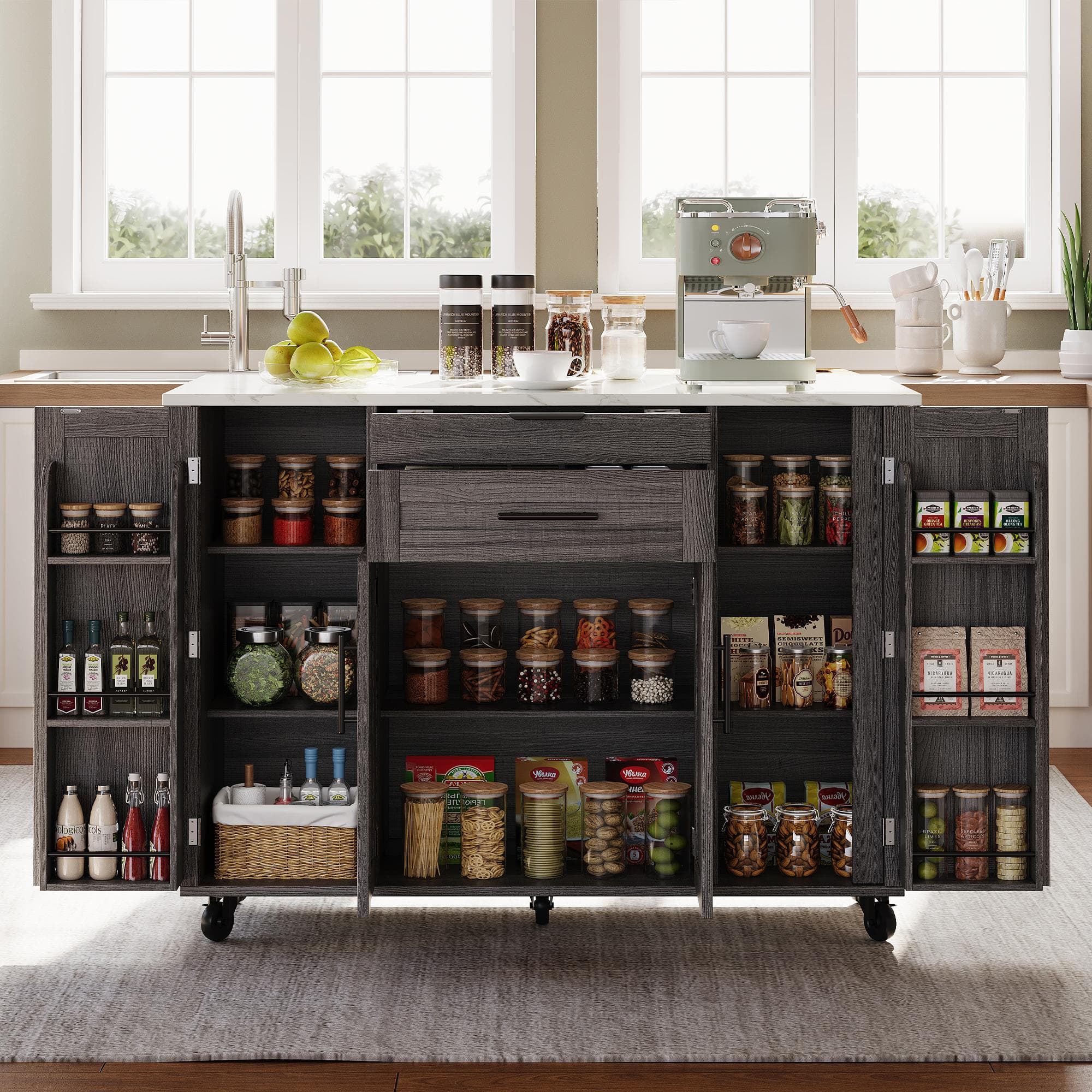 Versatile Kitchen Trolley with Fold-Out Worktop and Lockable Castors, Spacious Kitchen Island with Cabinets, 136L x 70W x 92H cm, Gray | Aosom UK