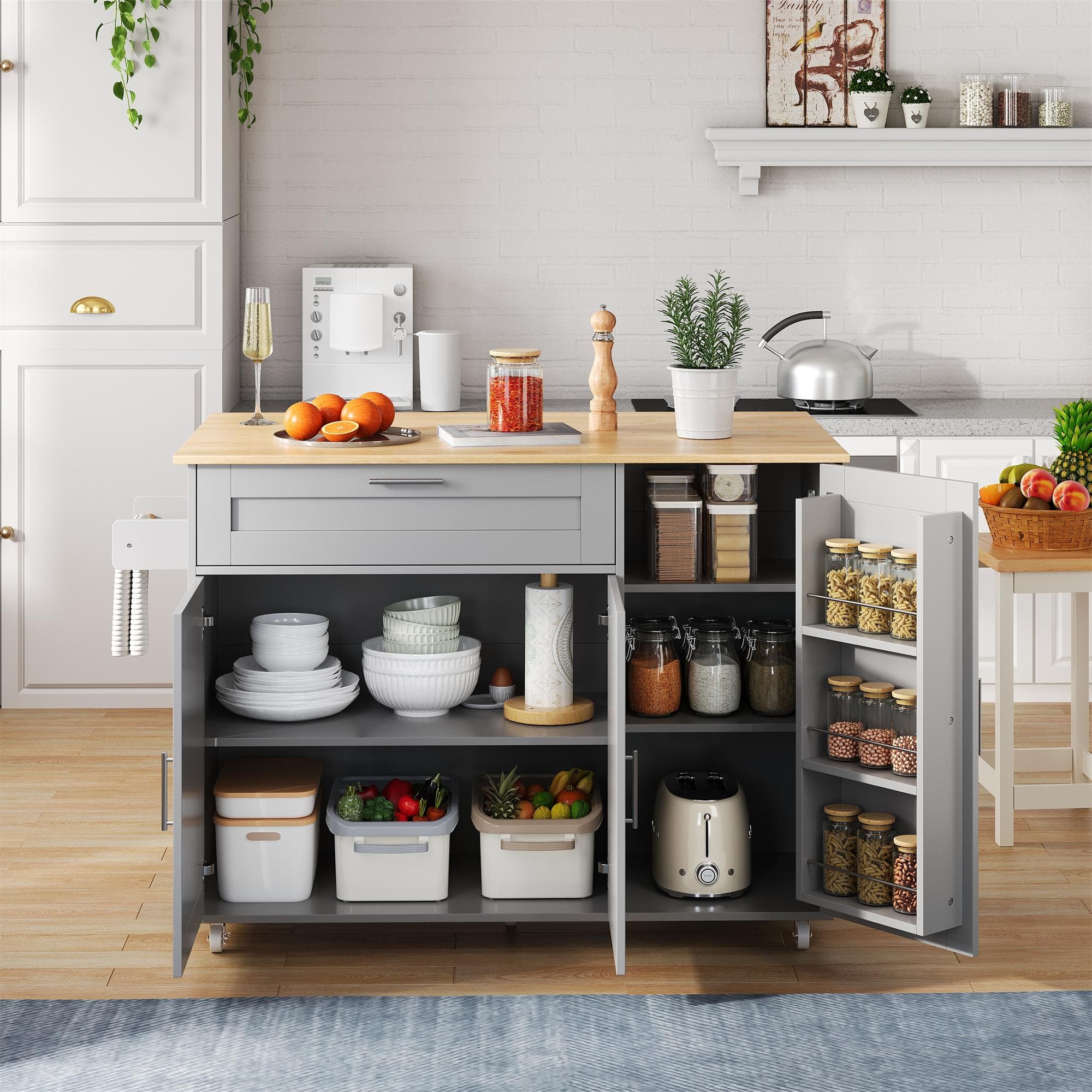 Versatile Kitchen Island with Foldable Worktop, Adjustable Shelves, Multifunctional Cabinet for Dining Areas, 132.5L x 44W x 90H cm, Gray | Aosom UK