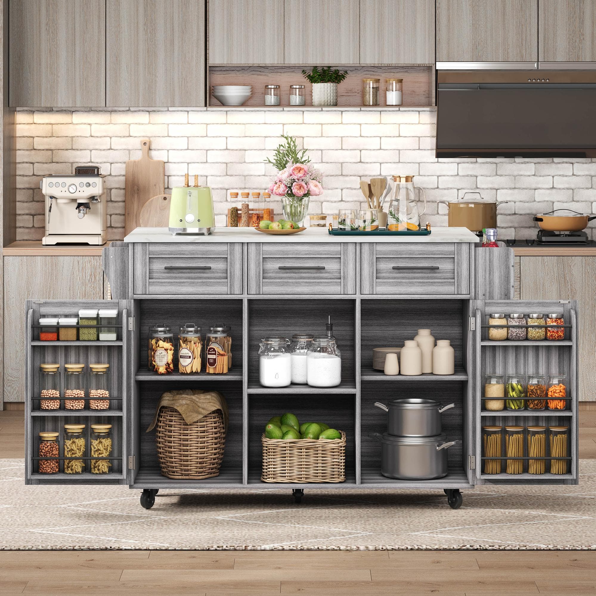 Stylish Kitchen Trolley with Foldable Wood-Grain Countertop, Versatile Buffet with Interchangeable Wheels, 139L x 46W x 91H cm, Gray | Aosom UK