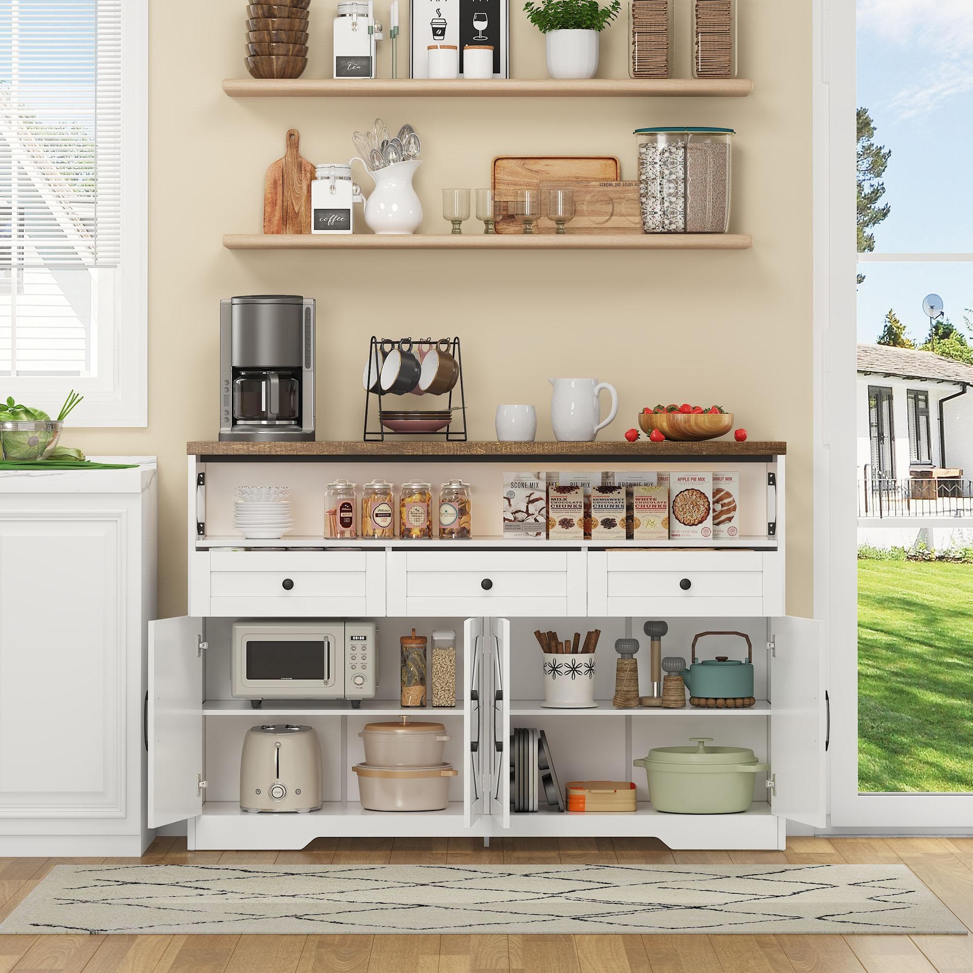 Versatile Sideboard with 2 Cupboards and Smooth‑Glide Drawers, Modern Coffee Bar for Living Room, 140L x 35W x 95H cm, Brown+White | Aosom UK