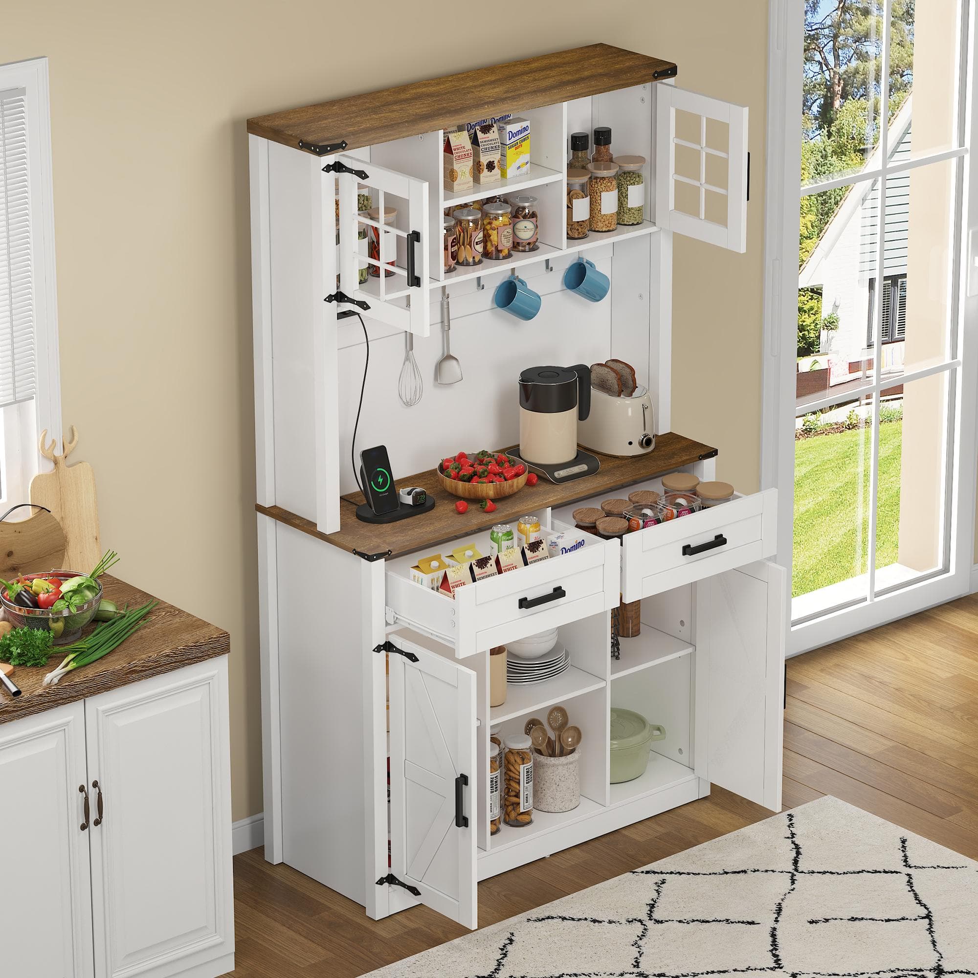 Tall Kitchen Pantry with Drawers and Remote-Controlled LEDs, Stylish Bar Cabinet with Adjustable Shelves, 100L x 40W x 172H cm, Brown+White | Aosom UK