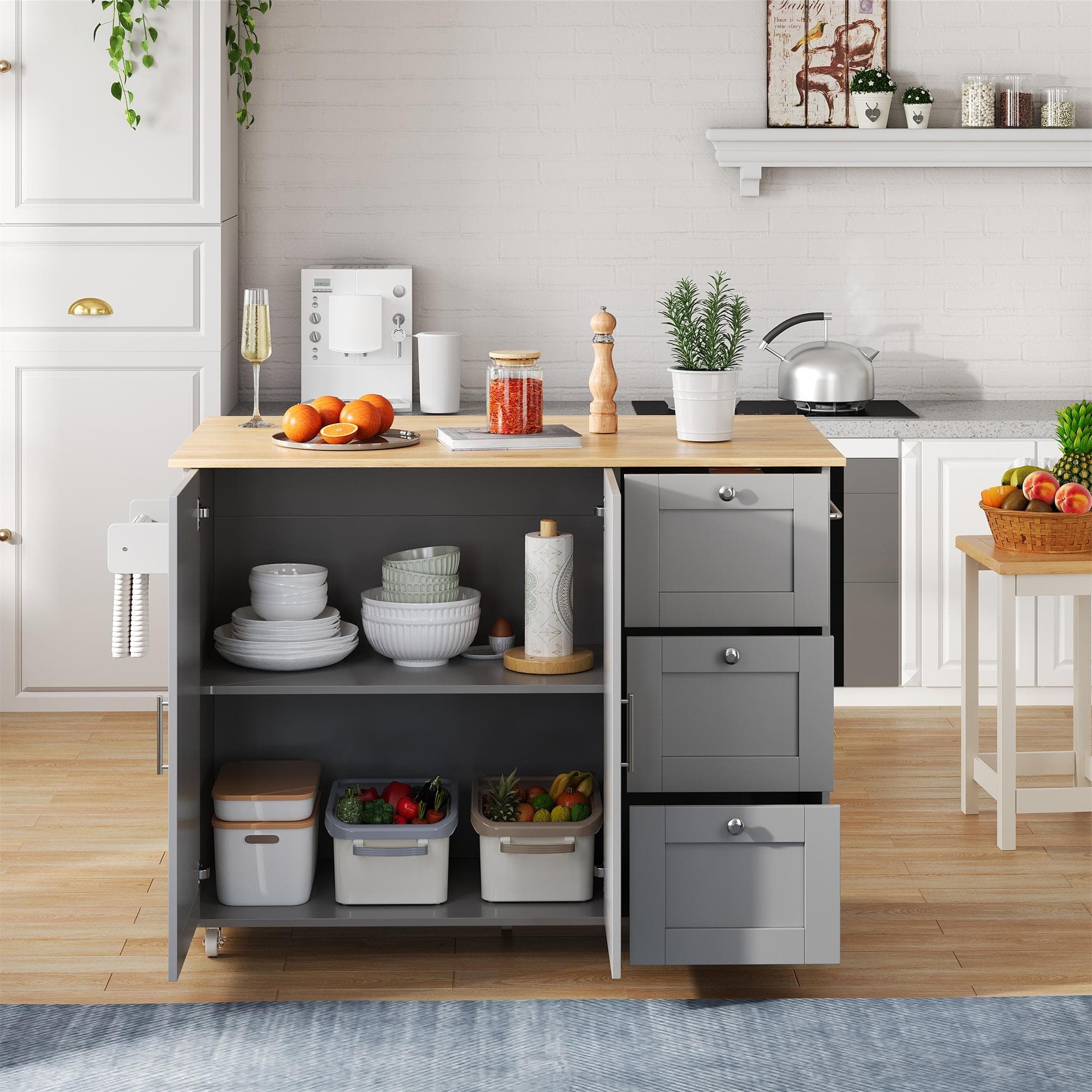 Versatile Kitchen Island with 3 Drawers and 2-Door Cabinet, Space-Saving Rolling Trolley with Foldable Worktop, 135L x 70W x 90H cm, Grey | Aosom UK