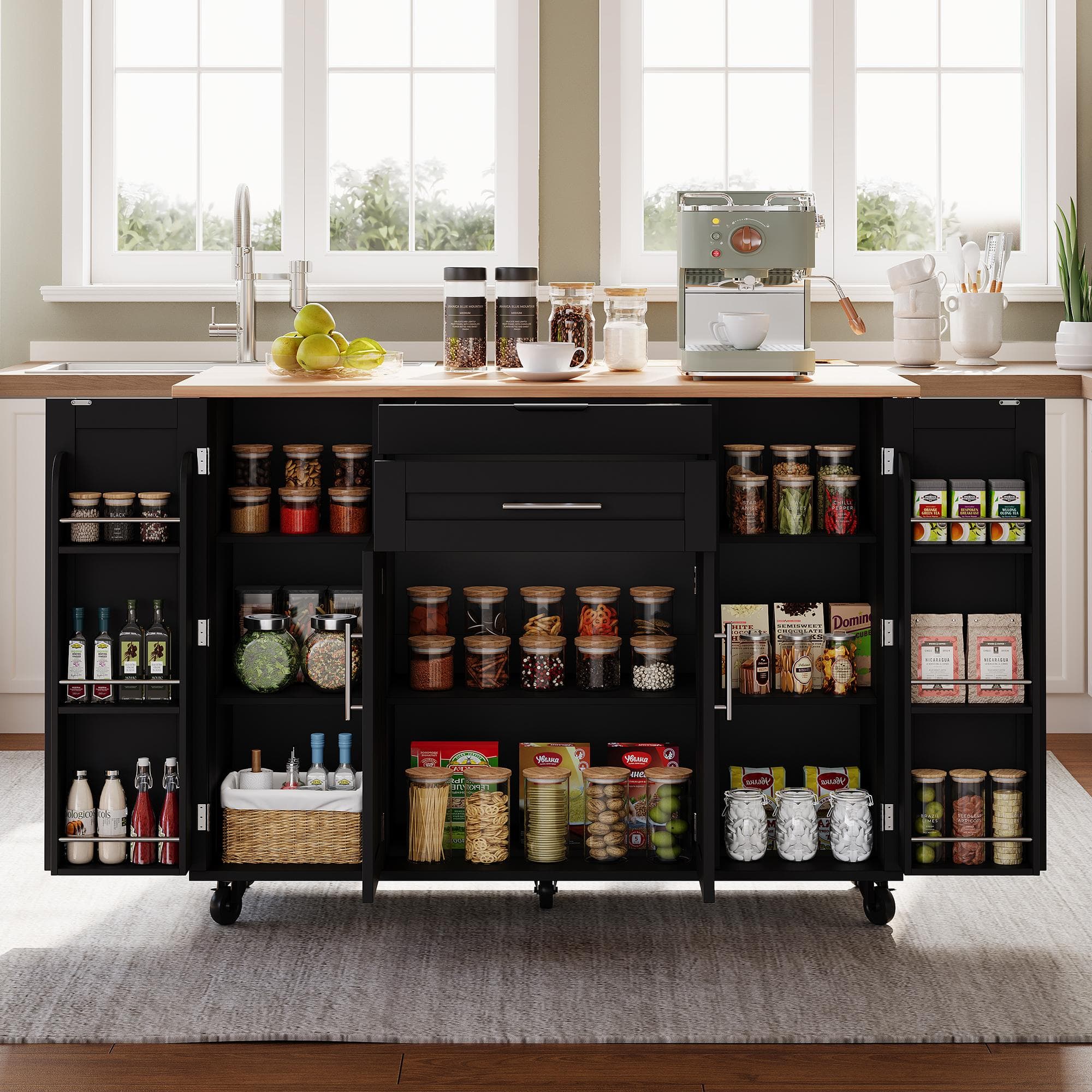 Versatile Kitchen Trolley with Fold-Out Worktop, Spacious Storage Island with Double-Door Cabinets, 136L x 70W x 92H cm, Black+Natural | Aosom UK