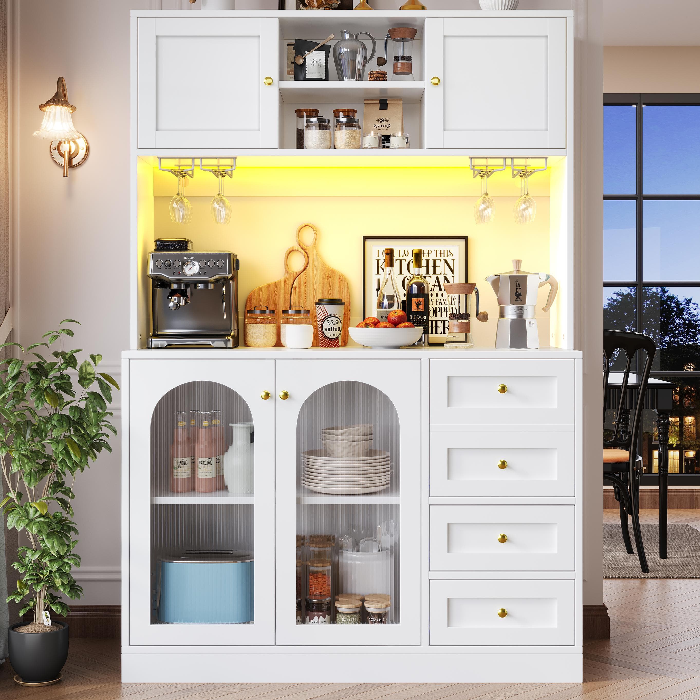 Modern Sideboard with App-Controlled LED, Snack Rack and Drink Holders, Spacious Buffet with Anti-Tip Fixings, 120L x 40W x 188H cm, White | Aosom UK