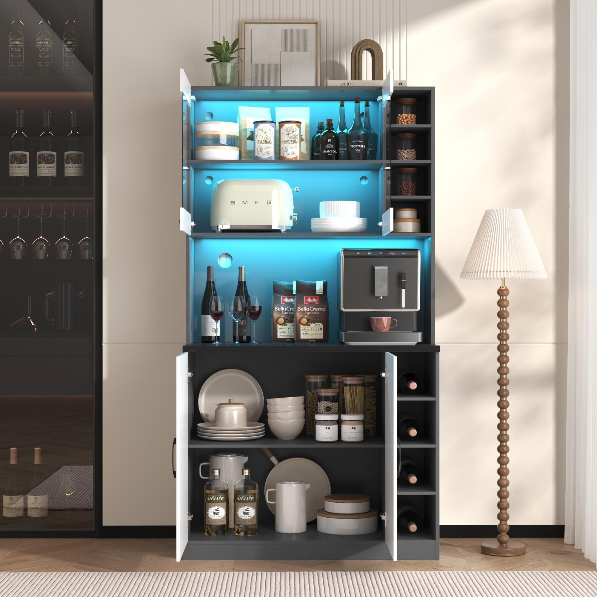 Tall Kitchen Cupboard with LED Lighting and Generous Storage, Freestanding Pantry with Microwave Shelf, 100L x 47W x 187H cm, White+gray | Aosom UK