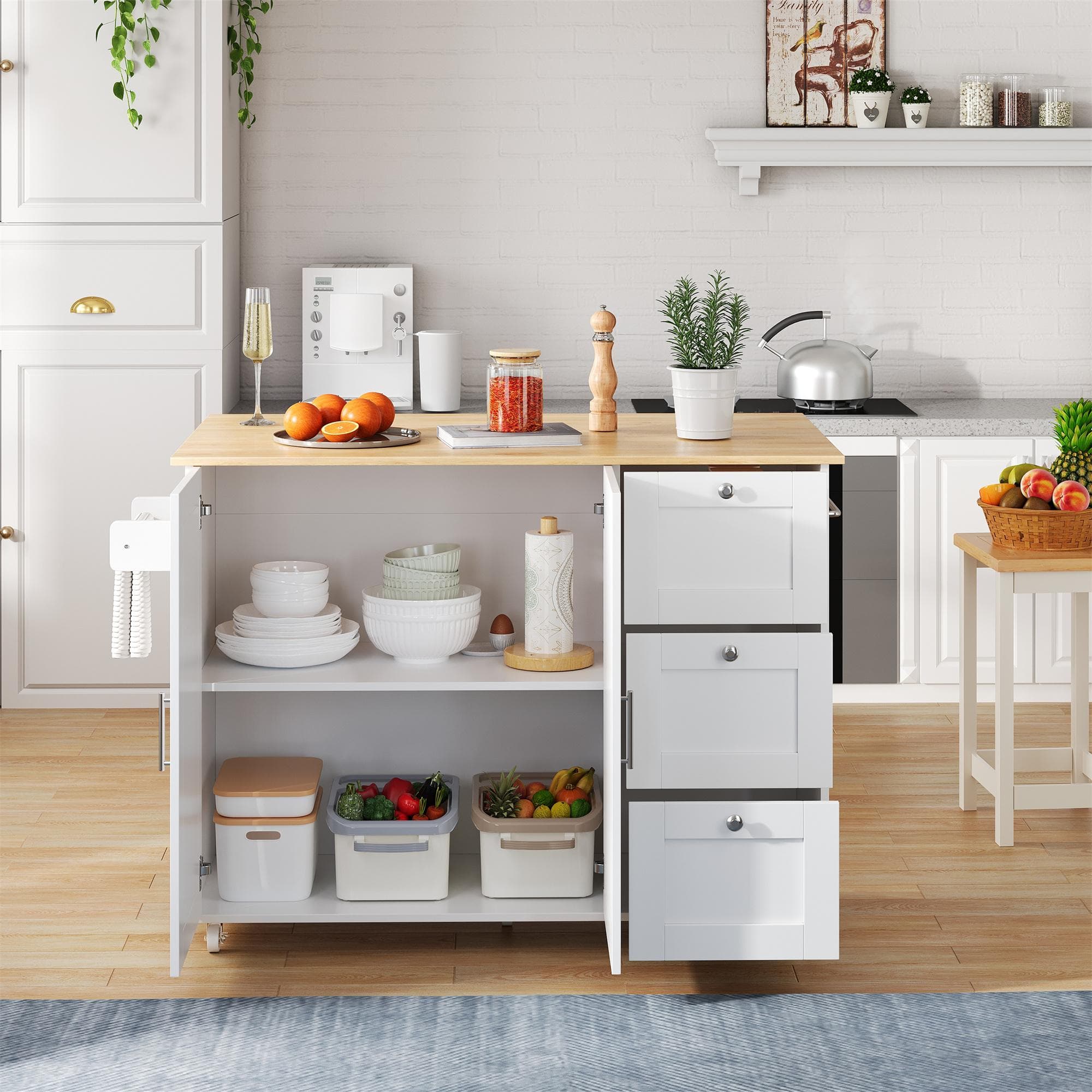 Versatile Kitchen Island with 3 Drawers and 2-Door Cabinet, Space-Saving Rolling Trolley with Foldable Worktop, 135L x 70W x 90H cm, White | Aosom UK