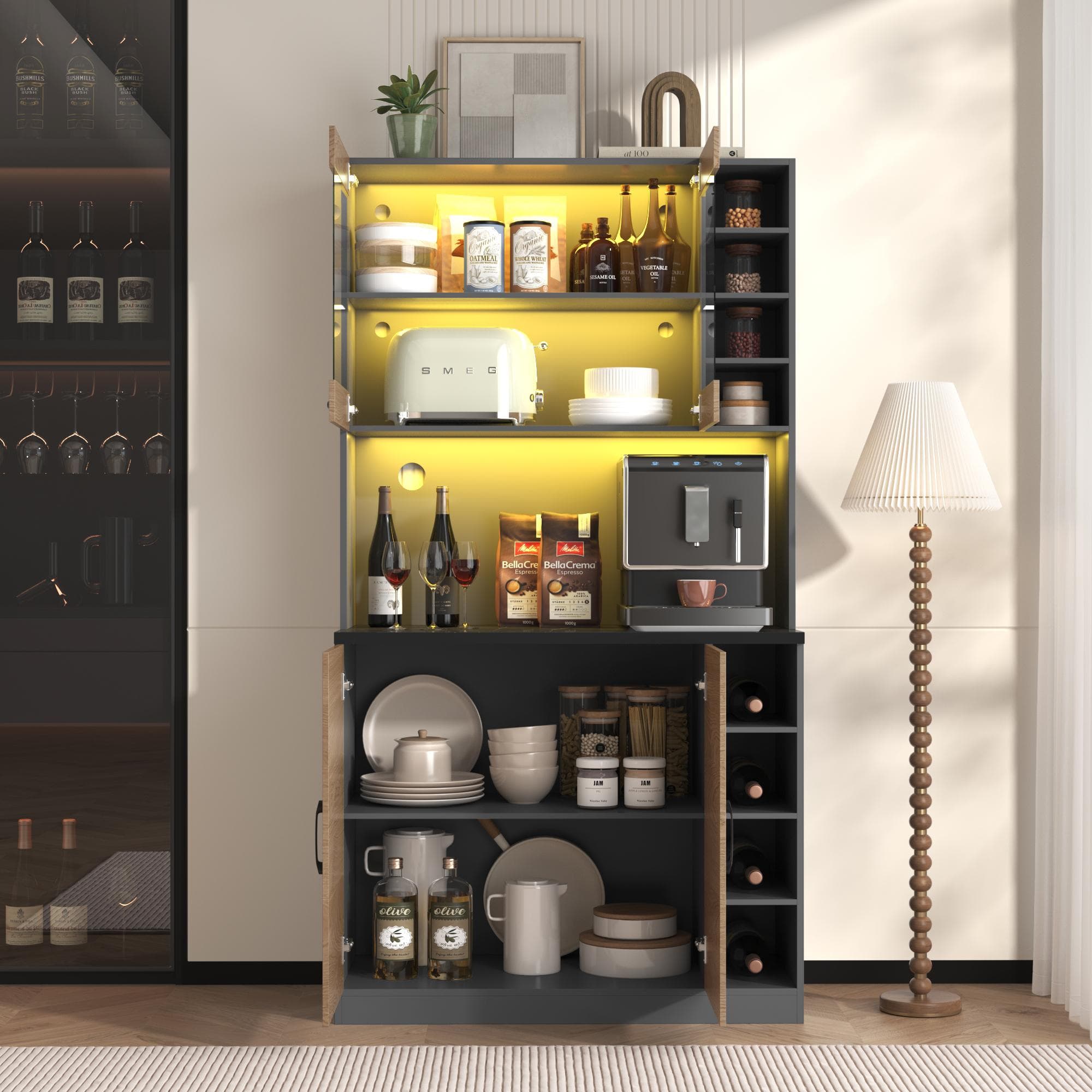 Tall Kitchen Cupboard with LED Lighting, Generous Storage, Freestanding Pantry with Microwave Shelf, 100L x 47W x 187H cm, Natural+Grey | Aosom UK