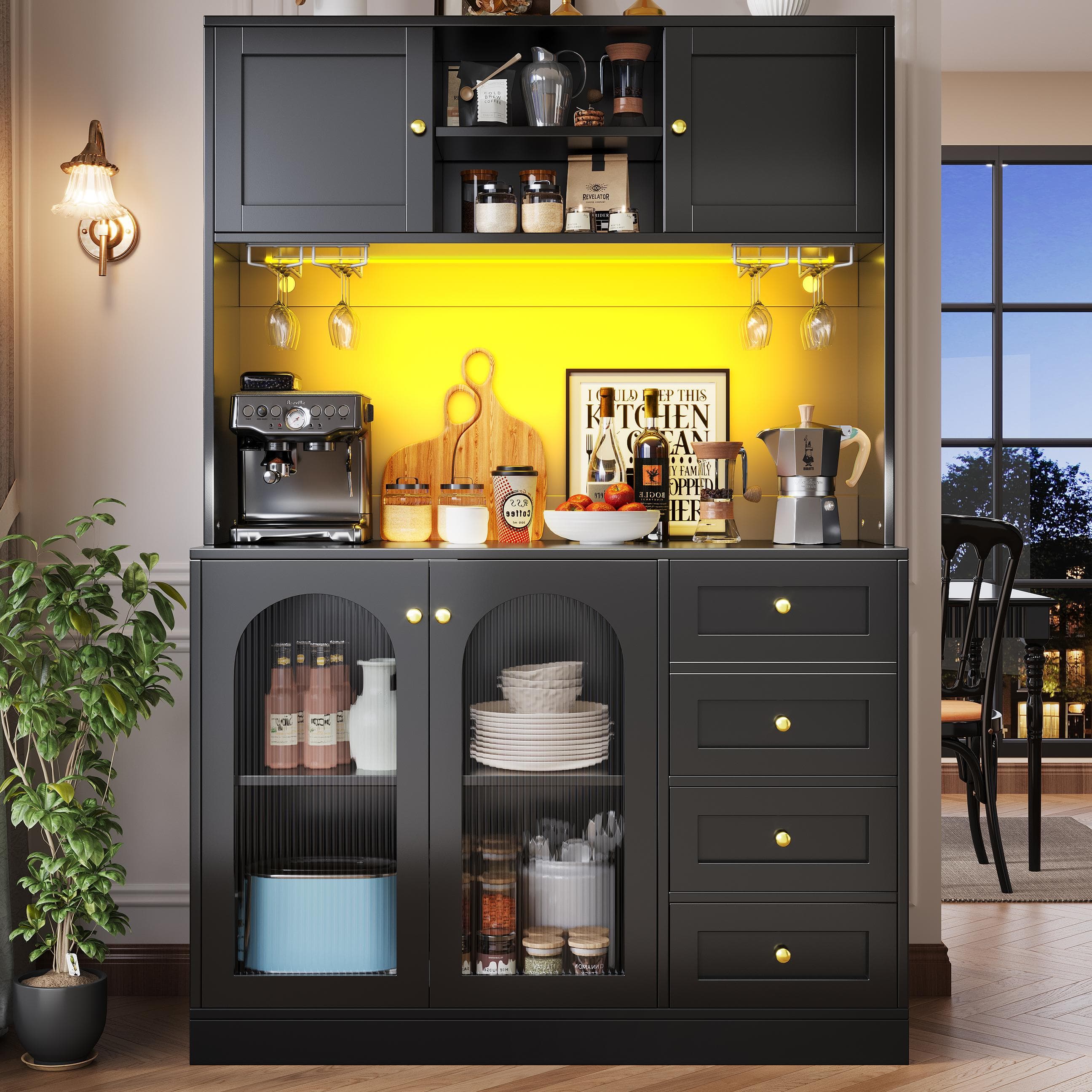Trendy Sideboard with App-Controlled LED, Snack Rack and Drink Holders, Spacious Buffet with Anti-Tip Fixings, 120L x 40W x 188H cm, Black | Aosom UK