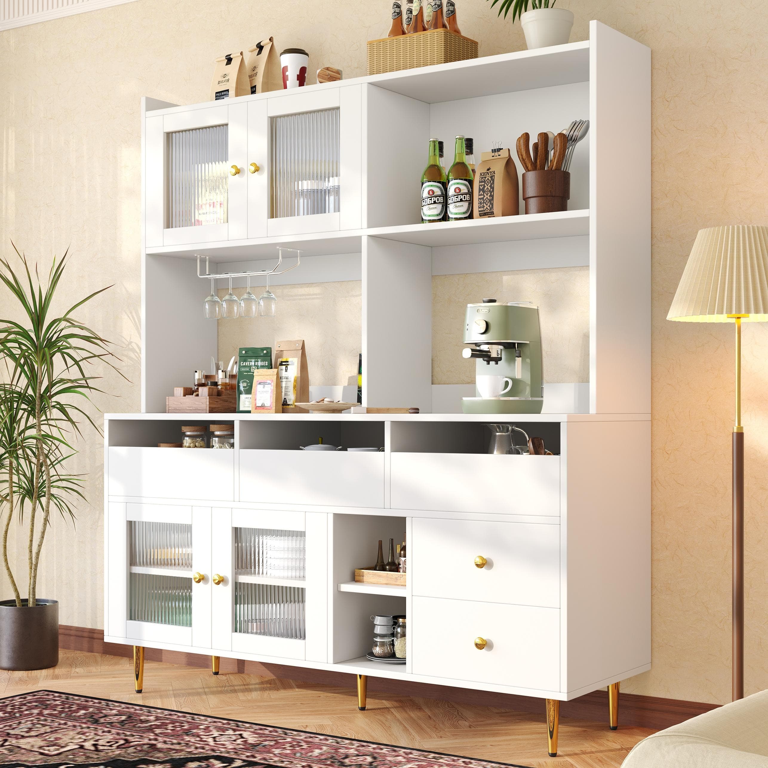 Multifunctional Sideboard with Changhong Glass Door and Glass Holder, Spacious Buffet with Multiple Drawers, 145L x 39W x 171H cm, White | Aosom UK