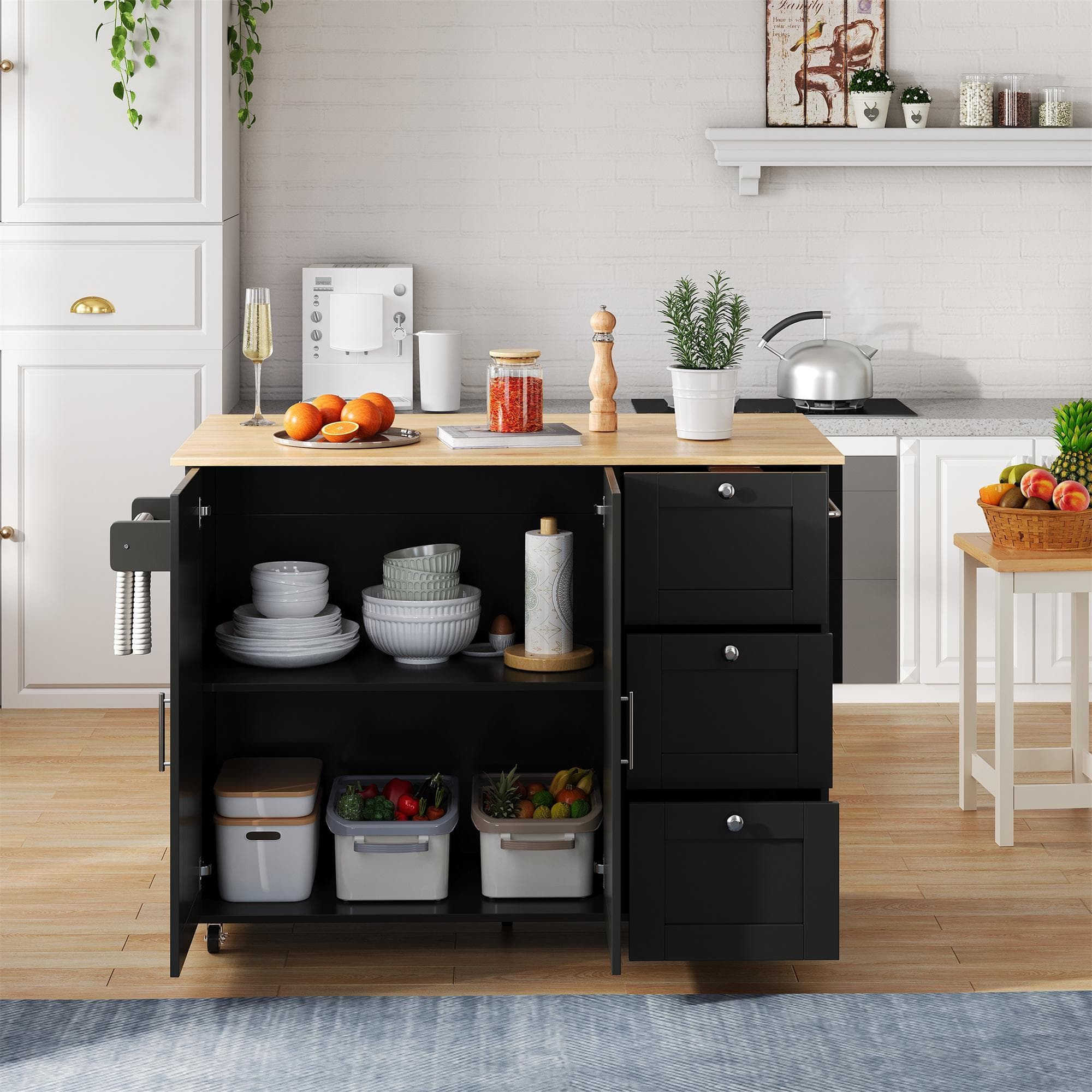 Versatile Kitchen Island with 3 Drawers and 2-Door Cabinet, Space-Saving Rolling Trolley with Foldable Worktop, 135L x 70W x 90H cm, Black | Aosom UK