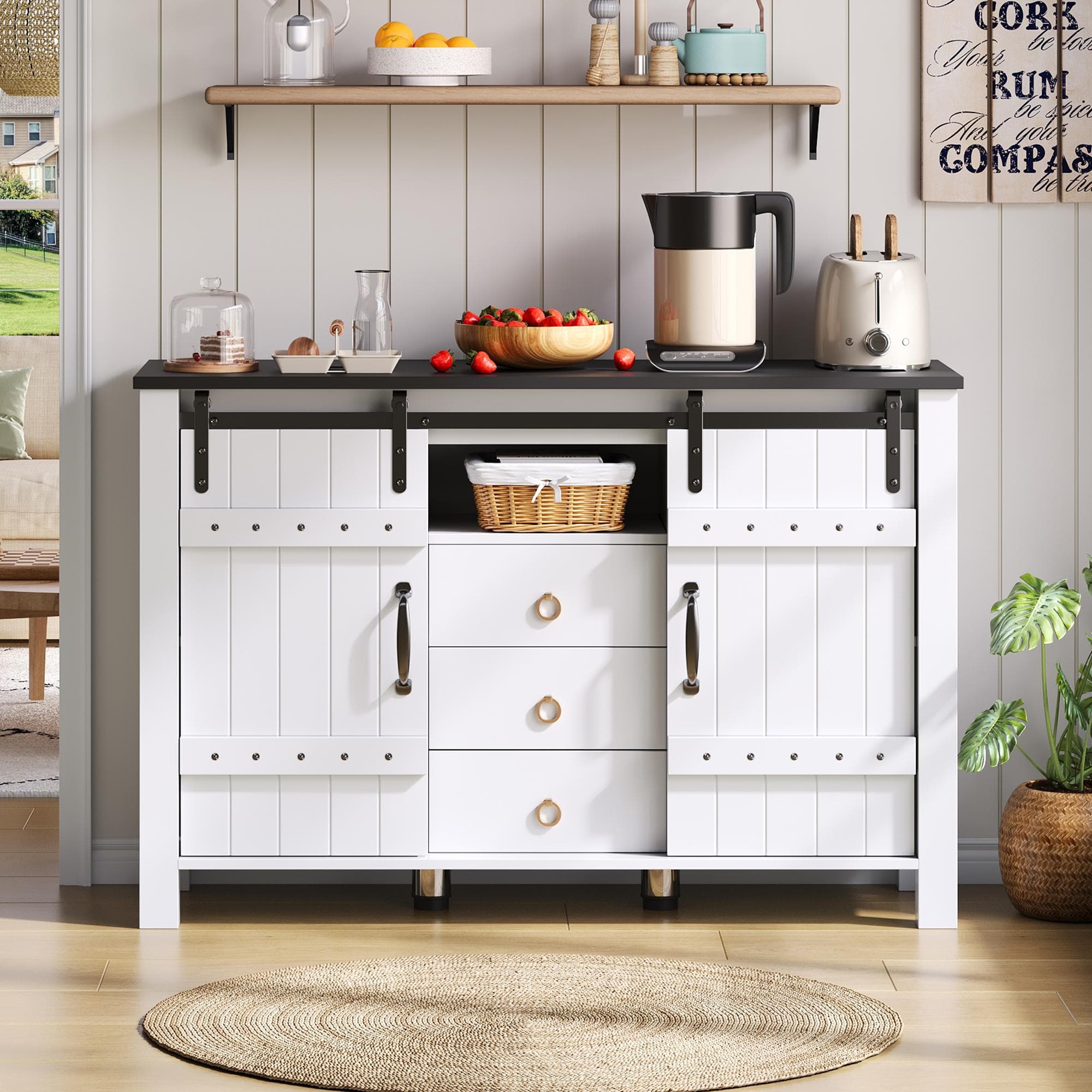 Versatile Sideboard with 3 Drawers and Quiet Sliding Doors, Rustic Buffet Cabinet for Kitchen, Dining Areas, 120L x 40W x 80H cm, White | Aosom UK